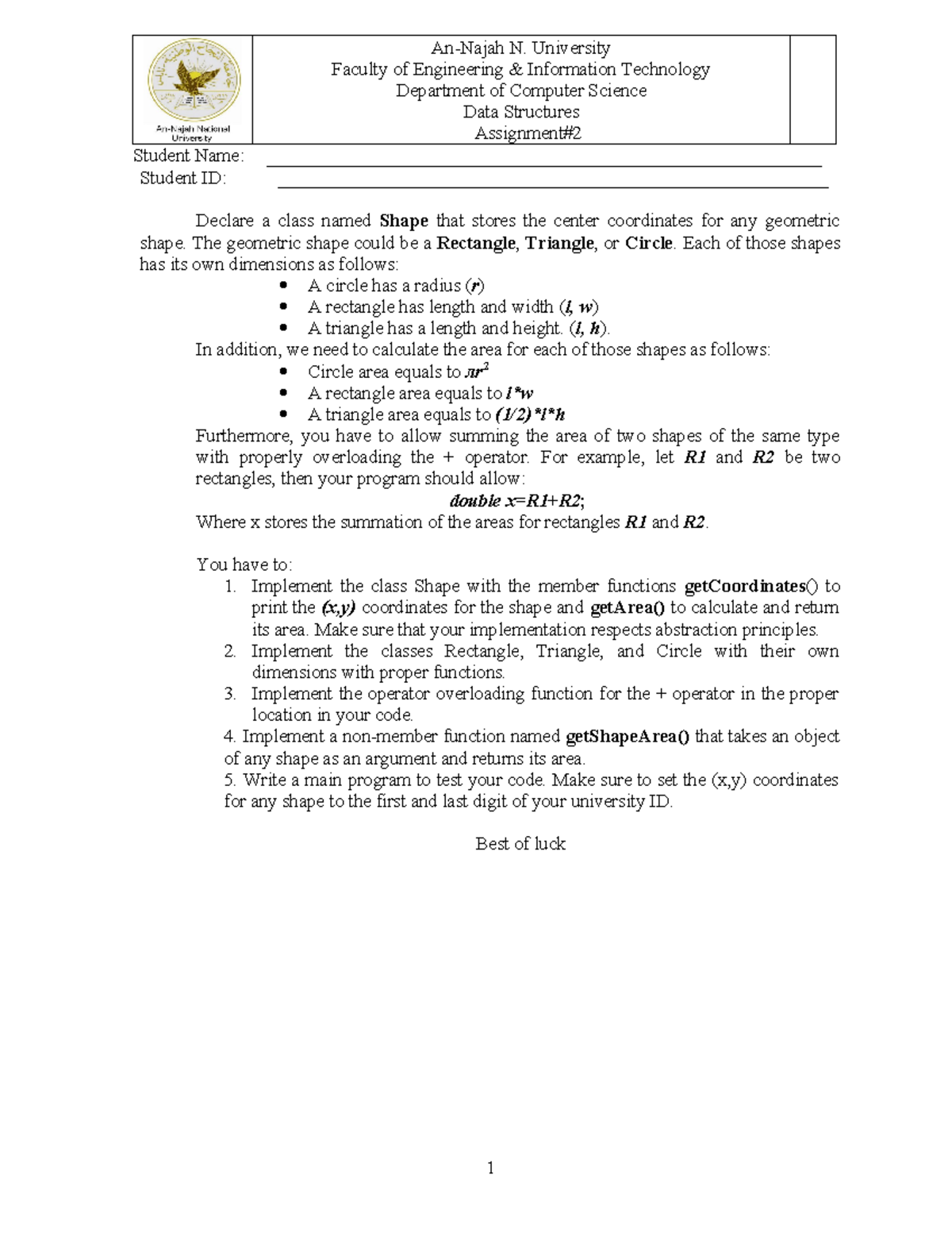 Assignment#2 - واجب داتا ستركشر: Class Shape Implementation & Area Calc ...