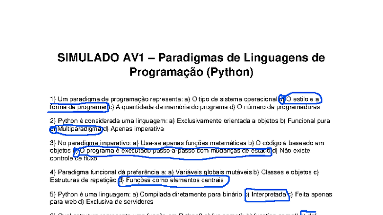Simulado AV1: Paradigmas de Linguagens de Programação (Python) - Studocu