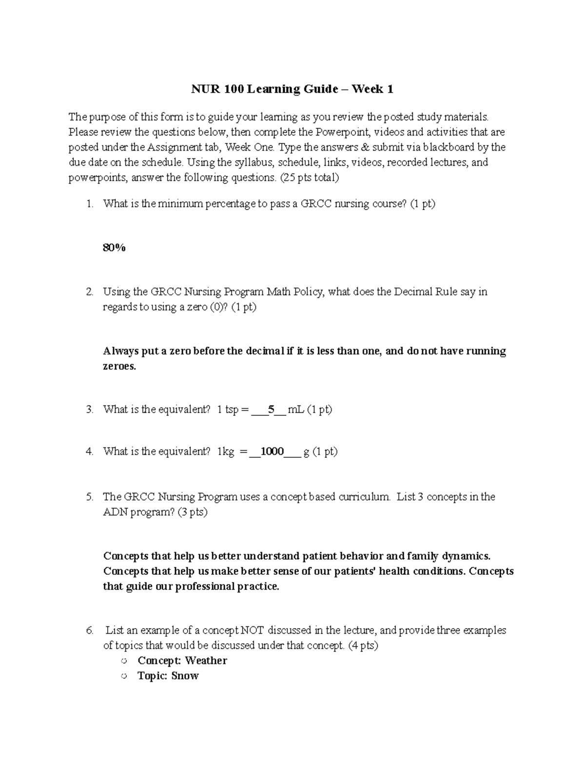 NUR 100 Learning Guide #1 - Week 1 Study Questions and Answers - Studocu