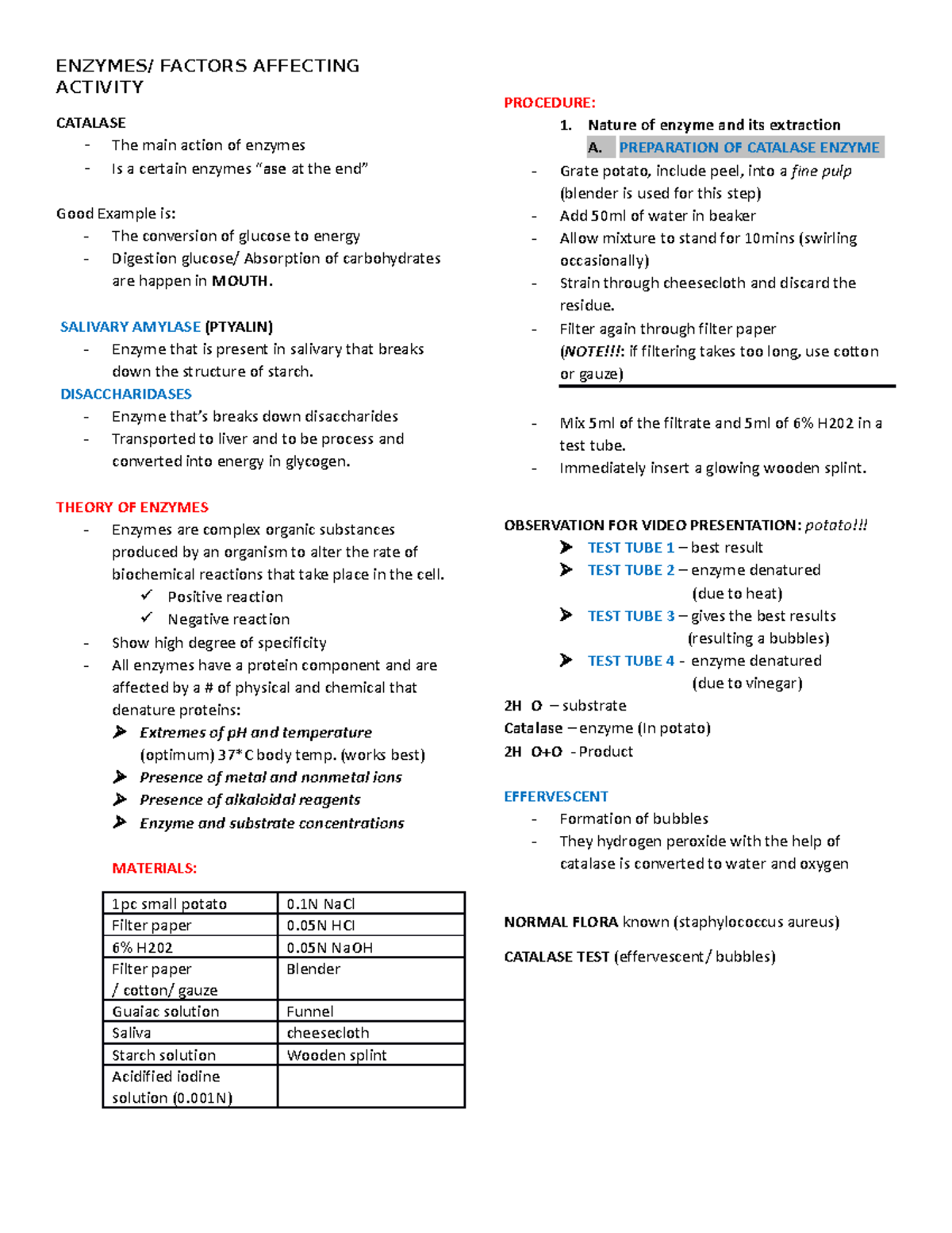 Enzymes TBP - CHEMISTRY - ENZYMES/ FACTORS AFFECTING ACTIVITY CATALASE ...