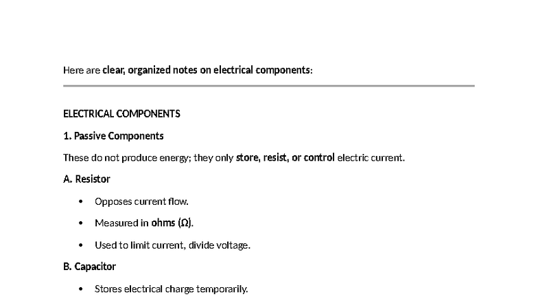 ELECTRICAL COMPONENTS: Organized Notes on Types and Functions - Studocu