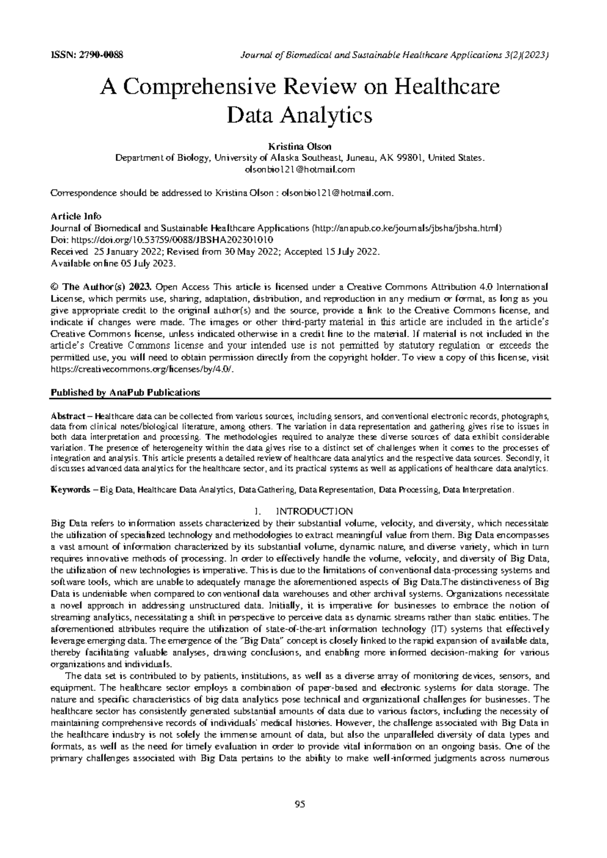 A Comprehensive Review of Healthcare Data Analytics (BSC 2023) - Studocu