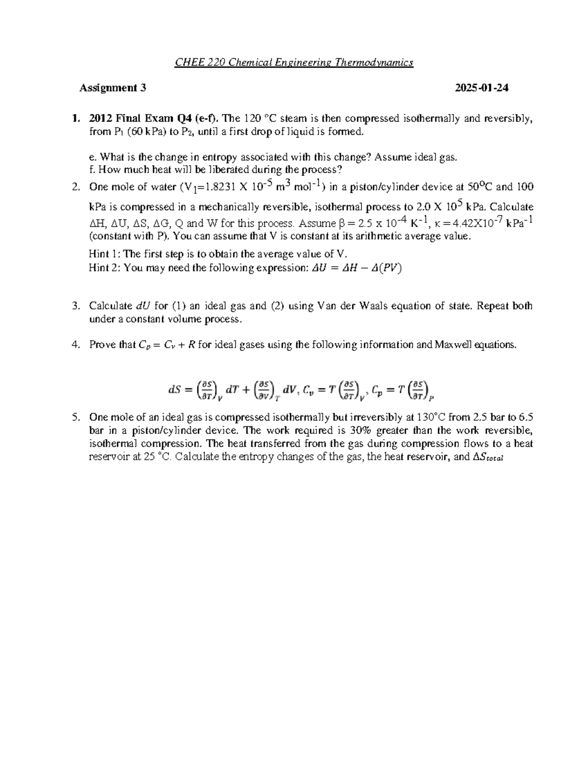 CHEE 220 Assignment 3 - Chemical Engineering Thermodynamics Insights ...