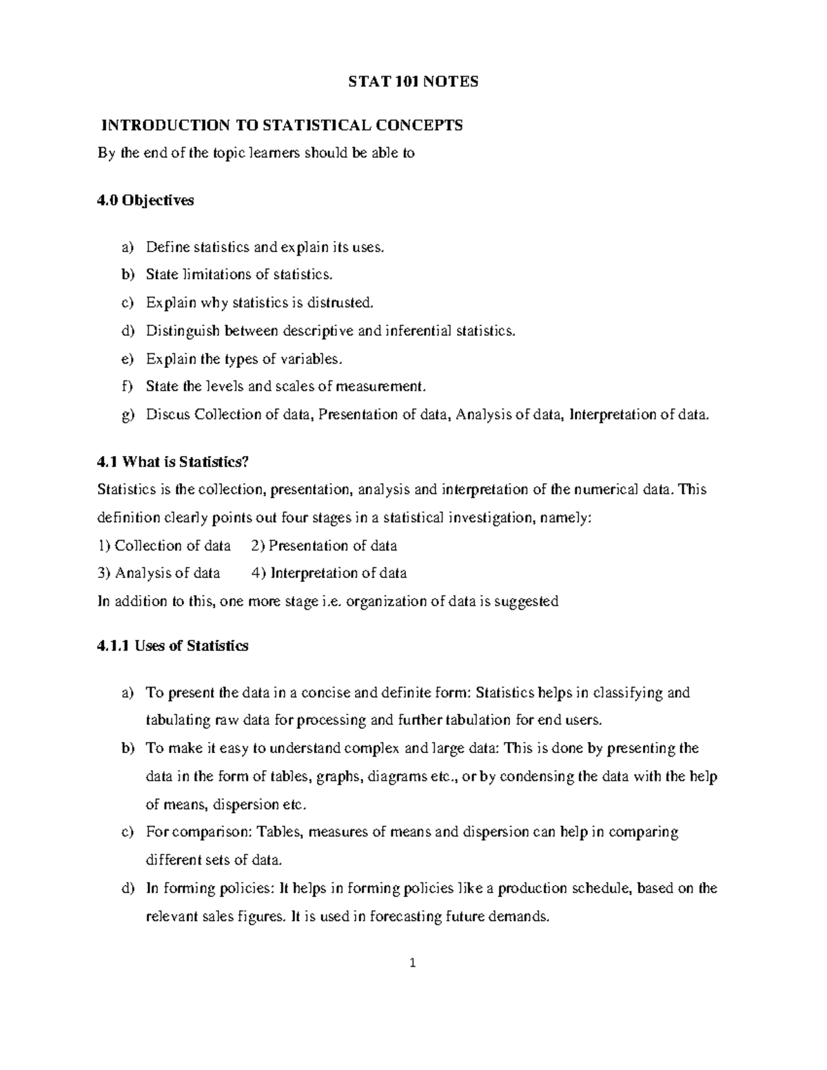 STAT 101 LECTURE NOTES: INTRODUCTION TO STATISTICAL CONCEPTS - Studocu
