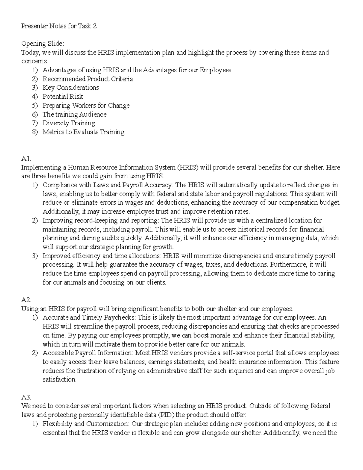 D360 Capstone Task 2: HRIS Implementation Plan Presenter Notes - Studocu