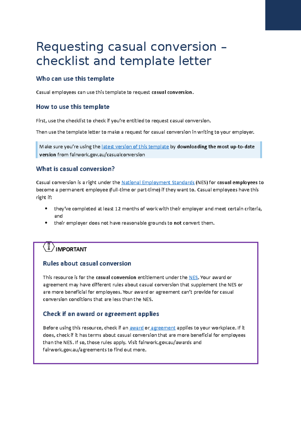 Checklist and Template Letter for Casual Conversion Request - Studocu
