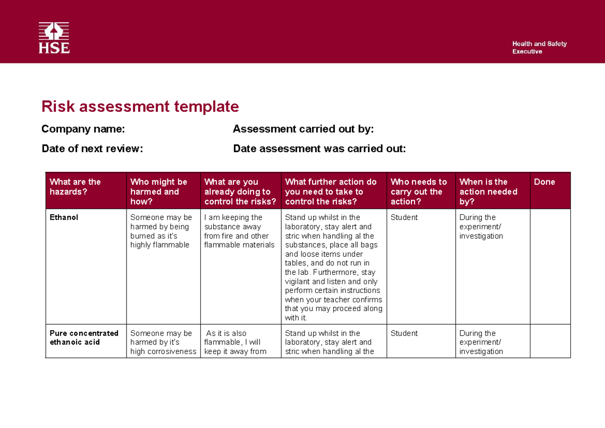 Unit 4B Risk Assessment Template for Laboratory Hazards - Studocu