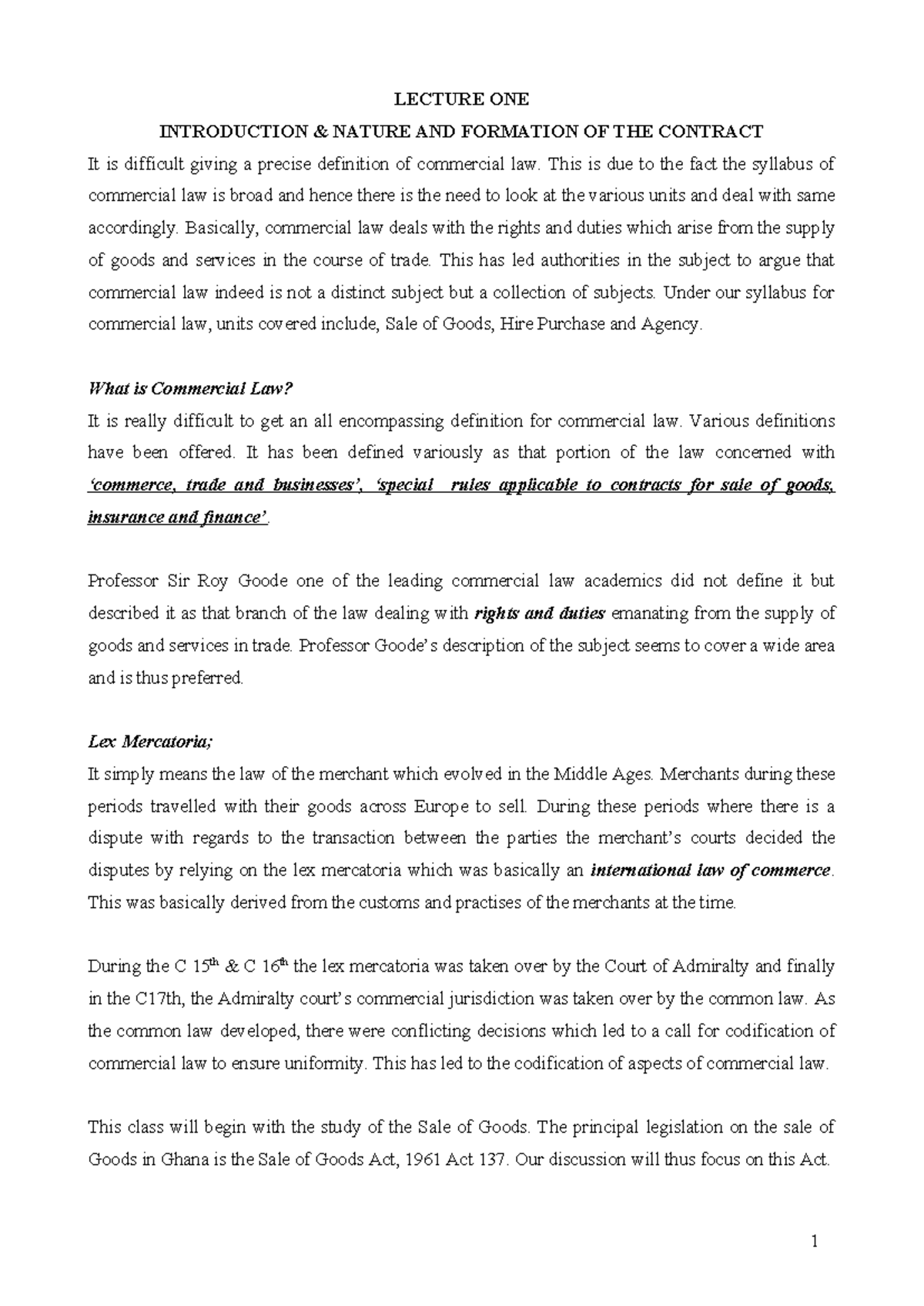 LECTURE ONE: INTRODUCTION TO COMMERCIAL LAW AND CONTRACT FORMATION ...
