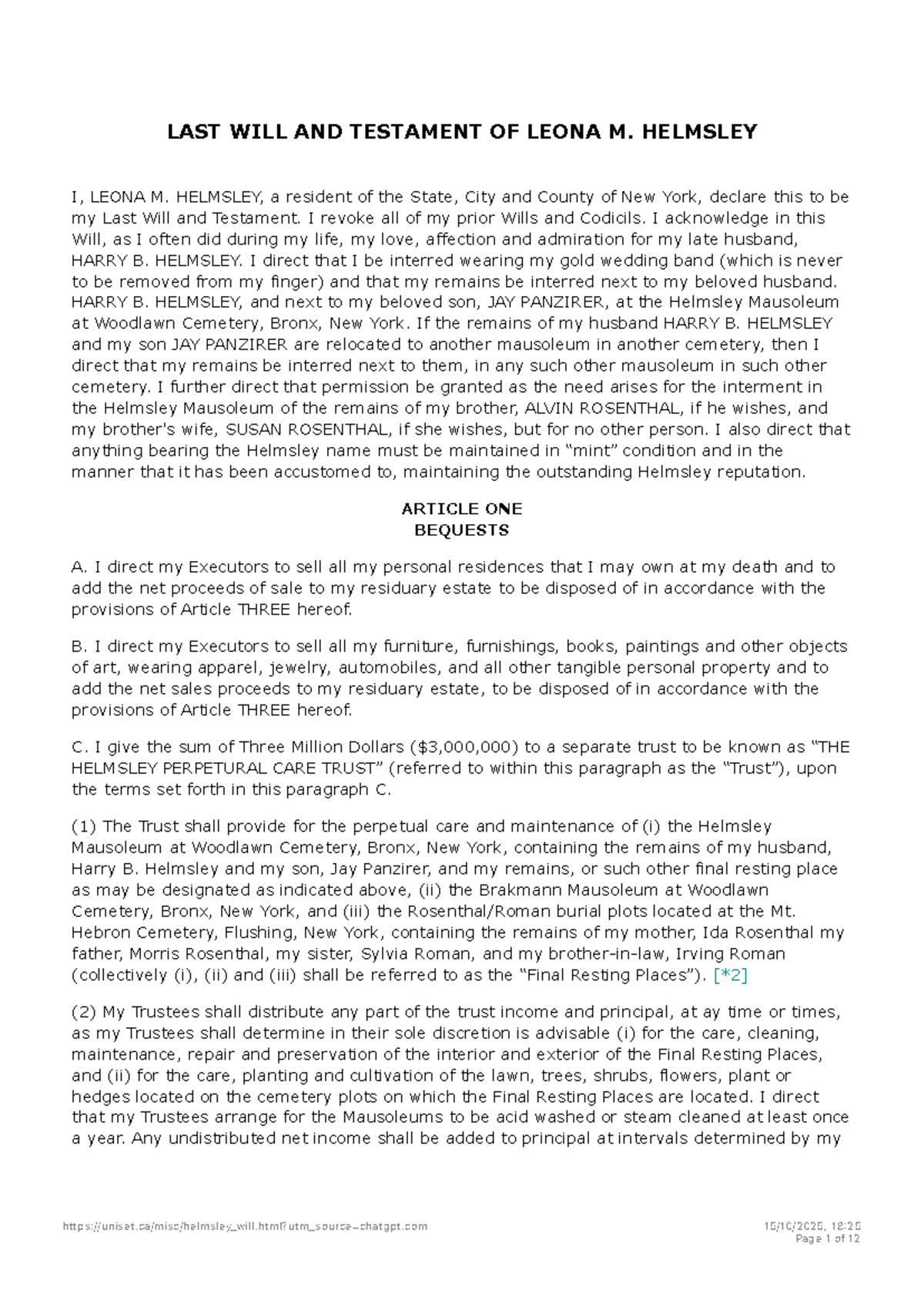 Last Will and Testament of Leona M. Helmsley: Estate Provisions - Studocu