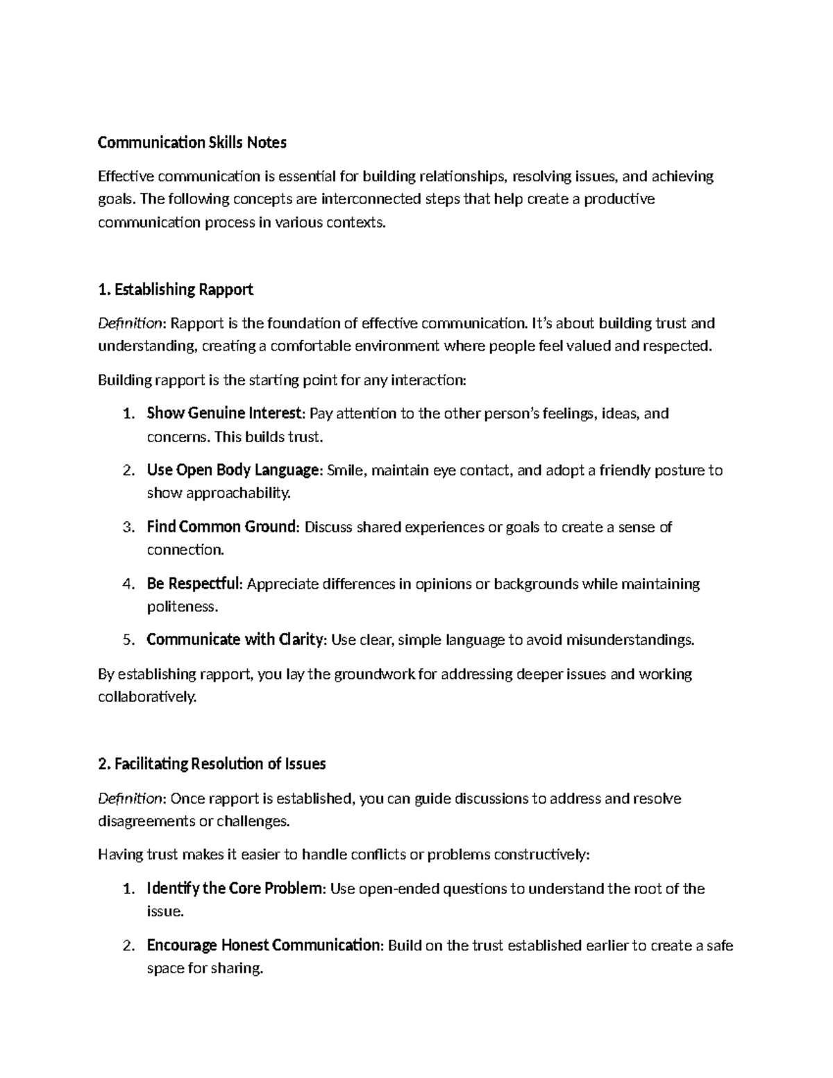 Communication Skills Development Notes: Rapport, Issues & Teamwork ...