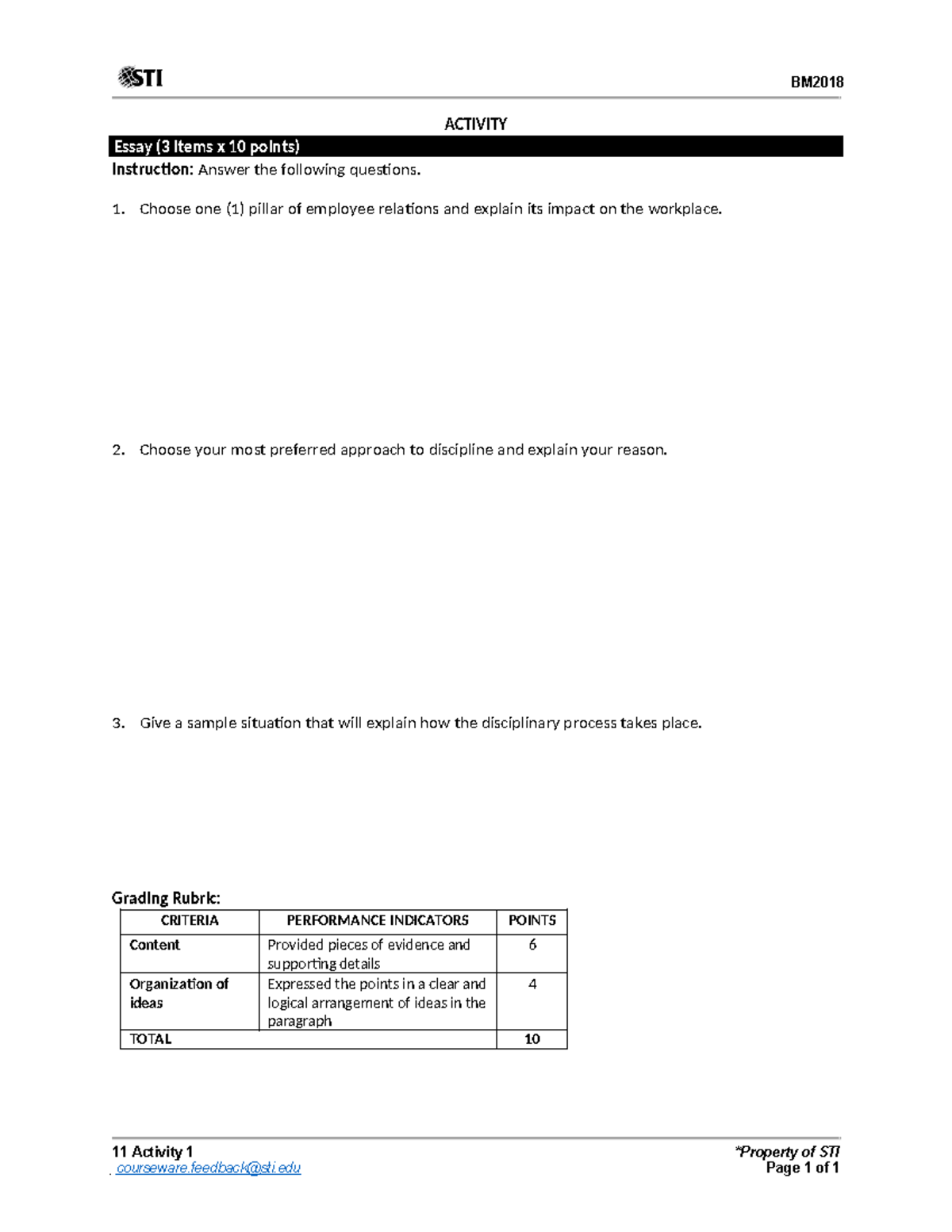 11 Activity 1 - ANSWERS - BM ACTIVITY Essay (3 items x 10 points ...