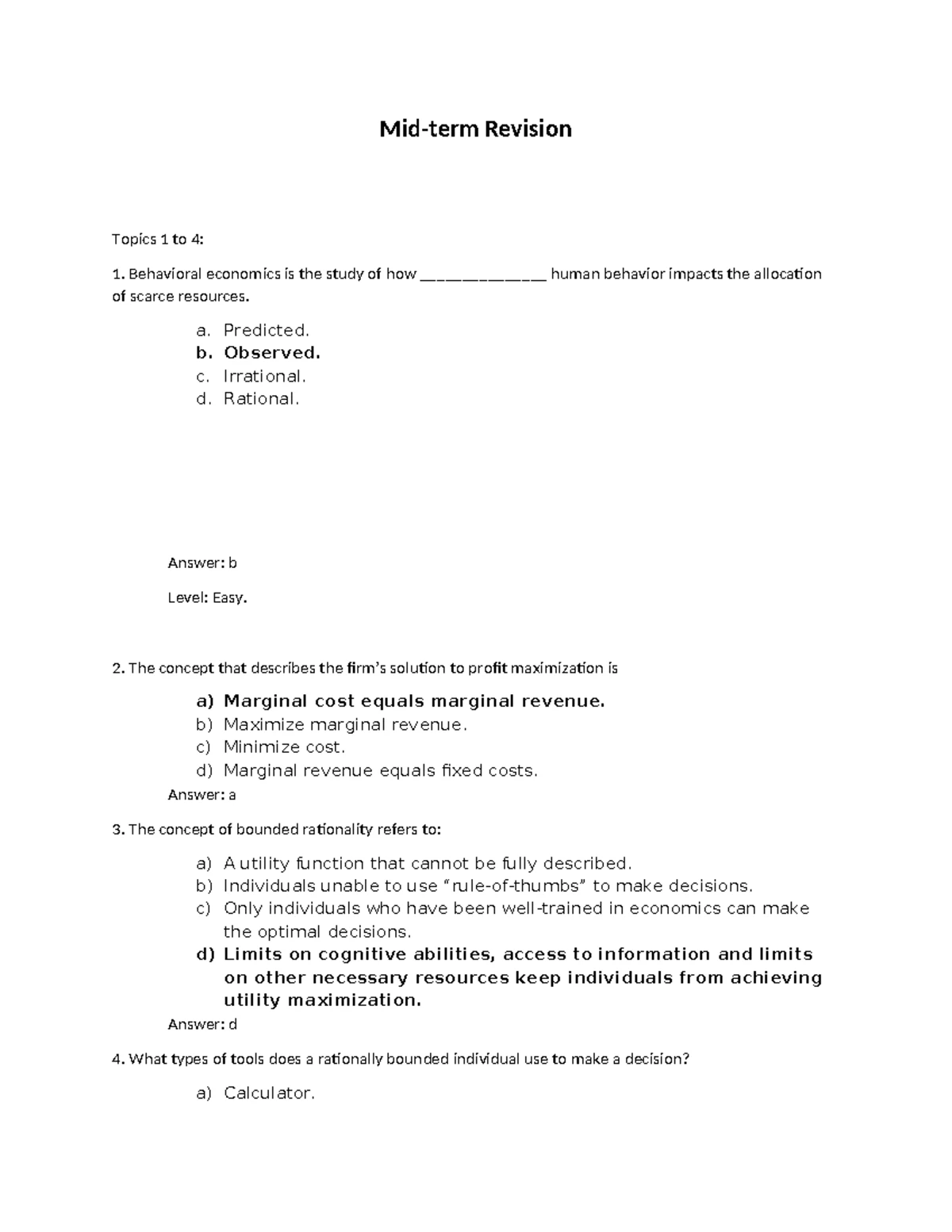 Midterm Revision Notes (BE 101) - Key Concepts in Behavioral Economics ...