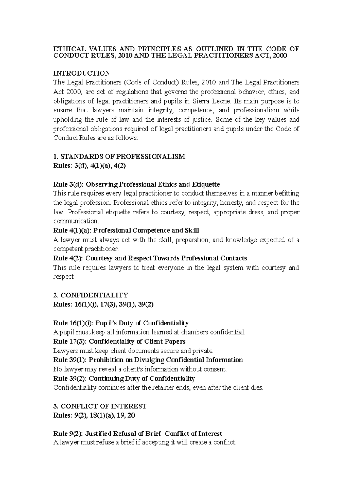 ETHICS ASSIGNMENT (FINAL): CODE OF CONDUCT & LEGAL PRINCIPLES - Studocu