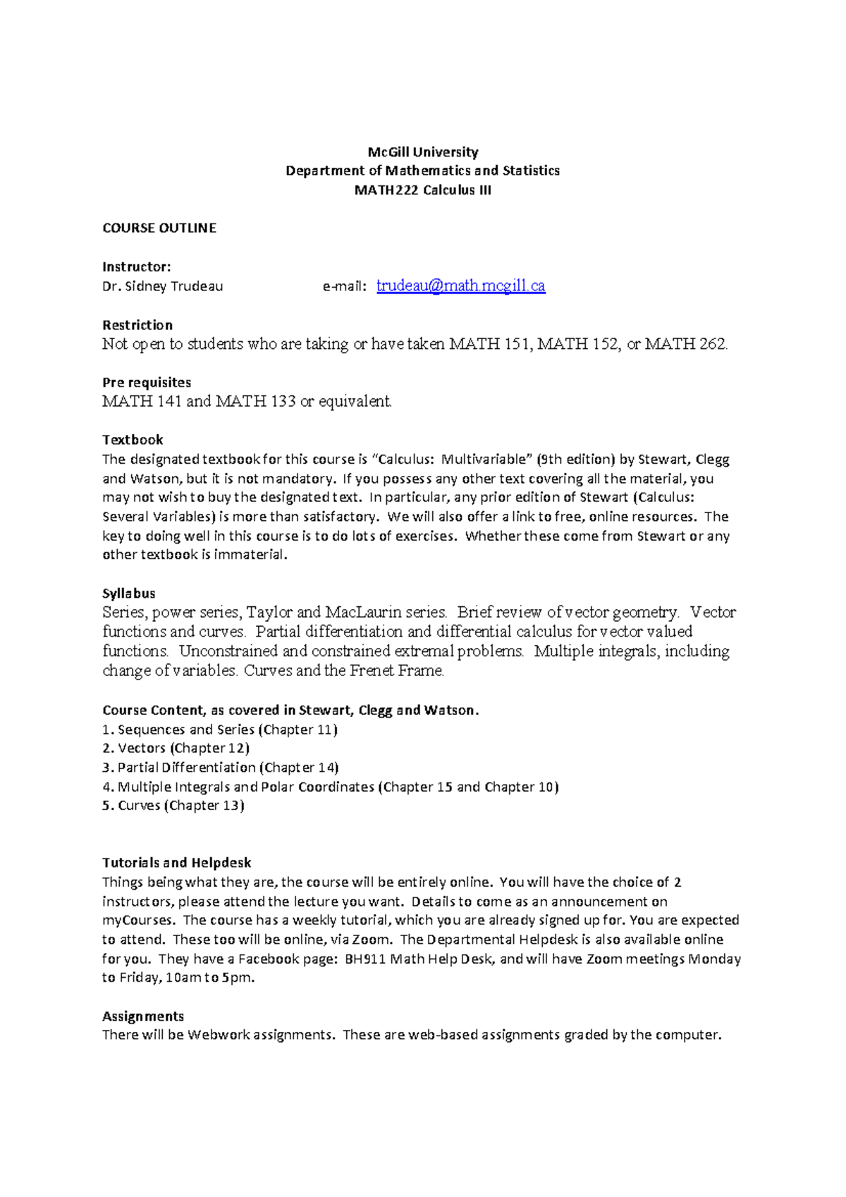 MATH222 - Calculus Course Outline and Syllabus Details - Studocu