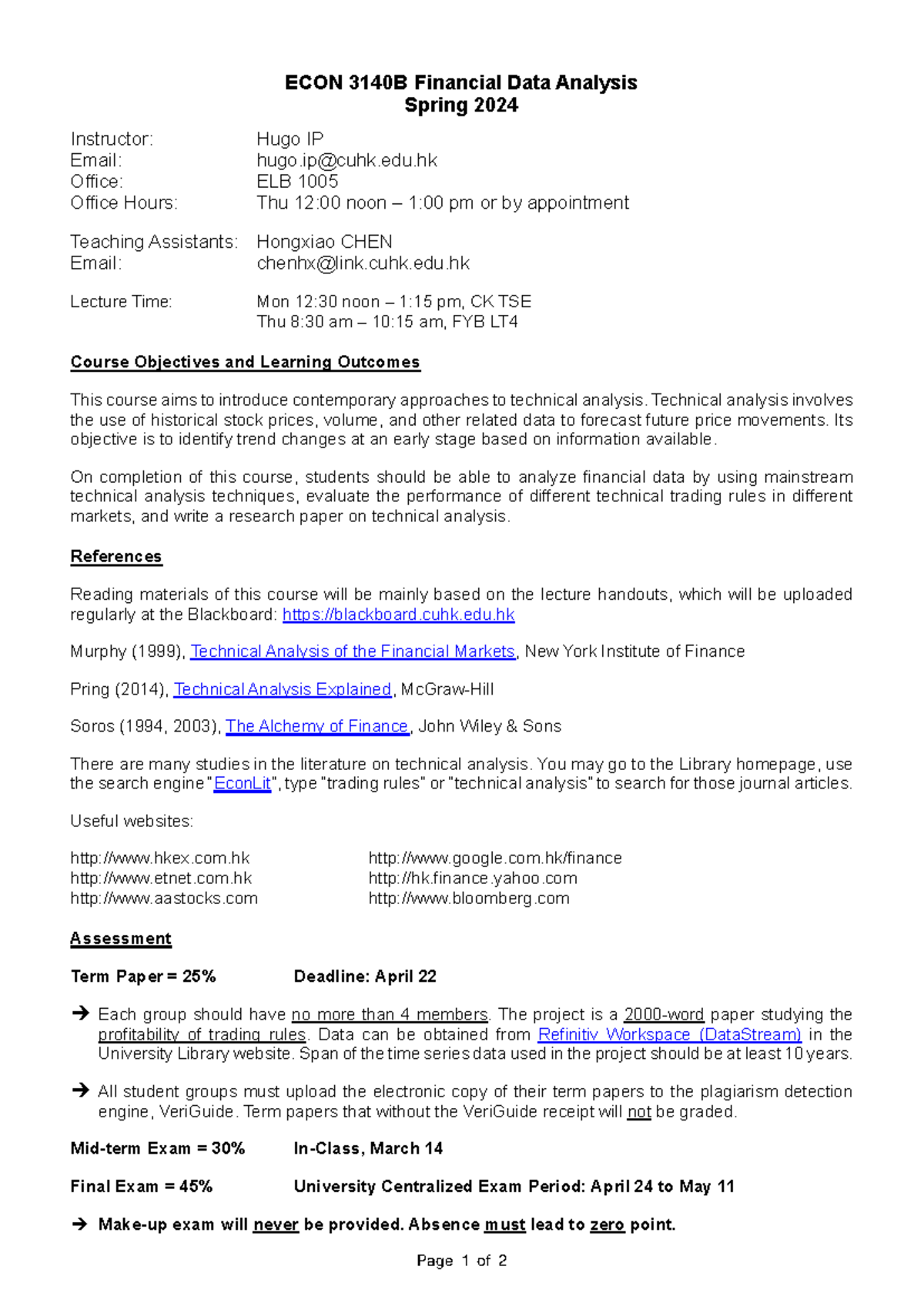 ECON 3140B Financial Data Analysis Course Overview Spring 2024 - Studocu