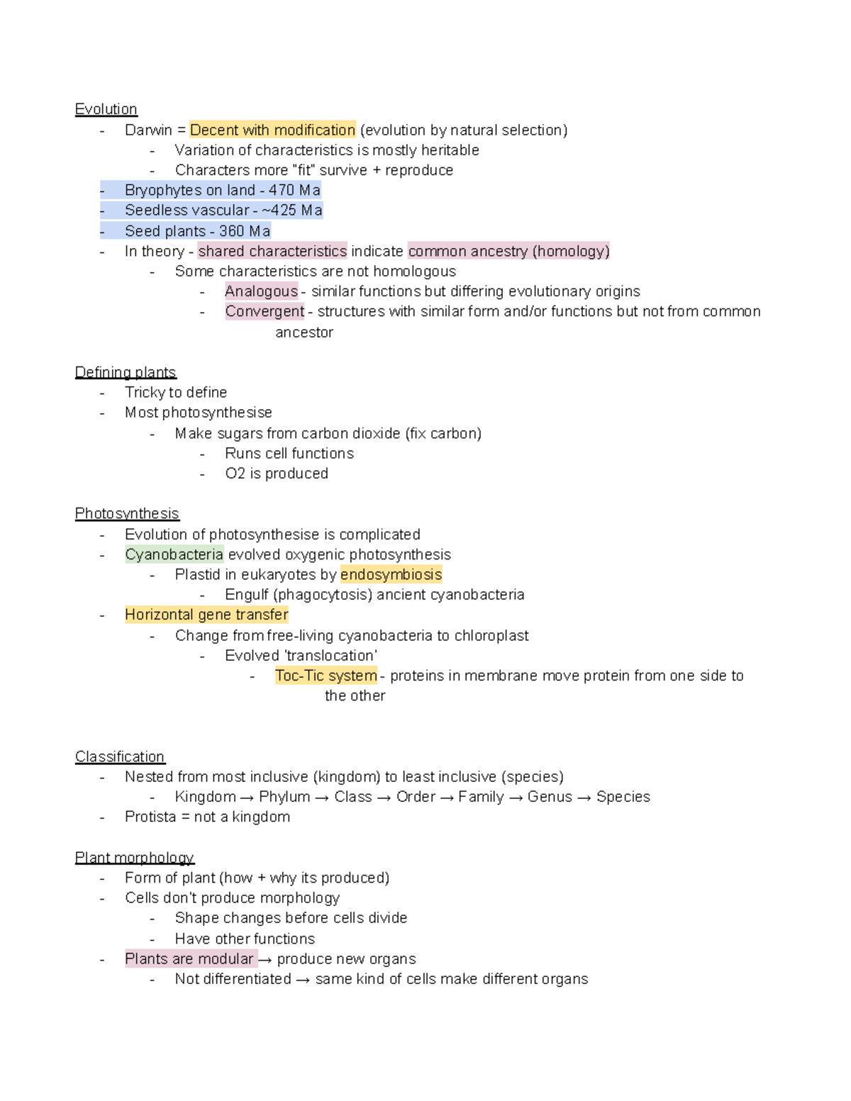 Biol113 test1 summary - Evolution - Darwin = Decent with modification ...