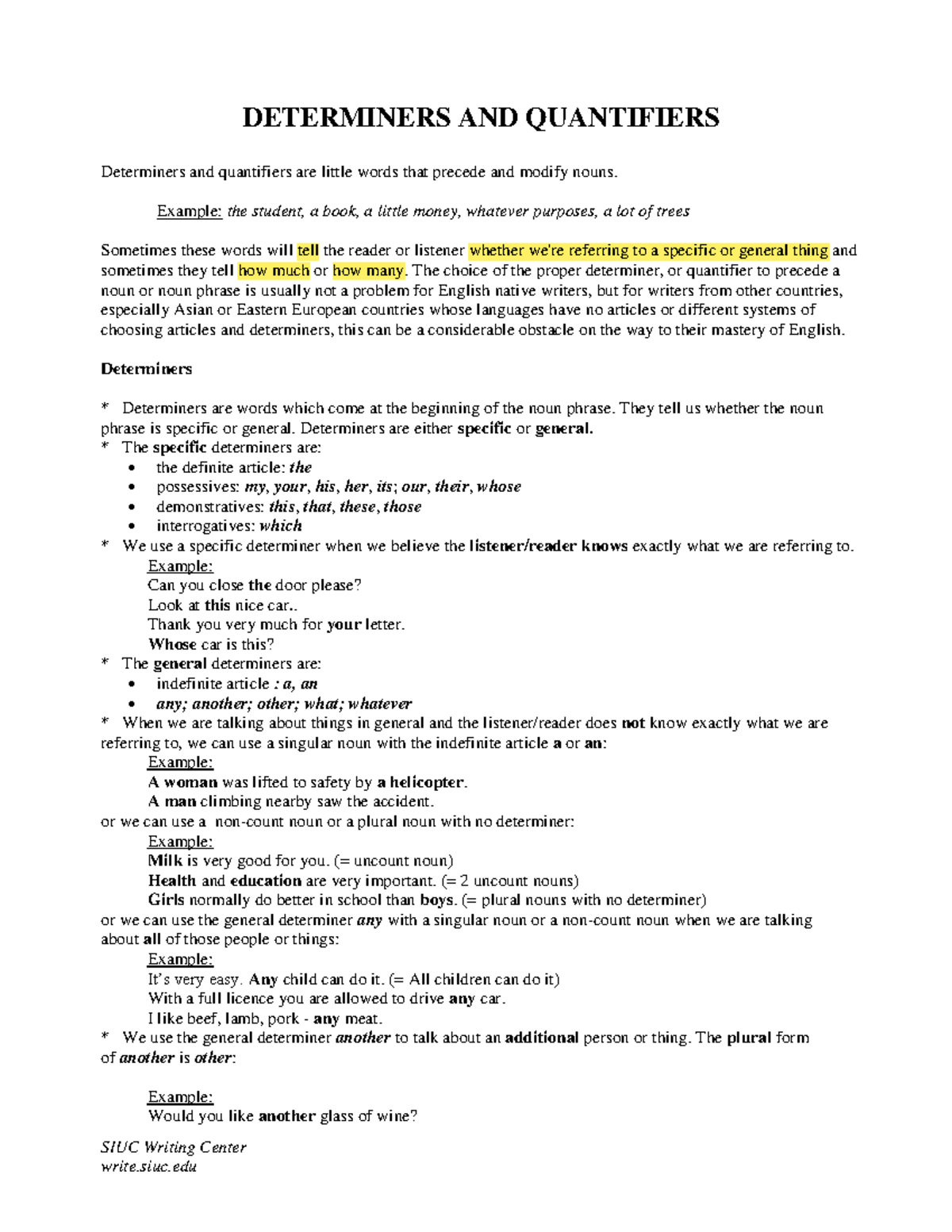 SIUC ENG 101: Determiners and Quantifiers Overview - Studocu