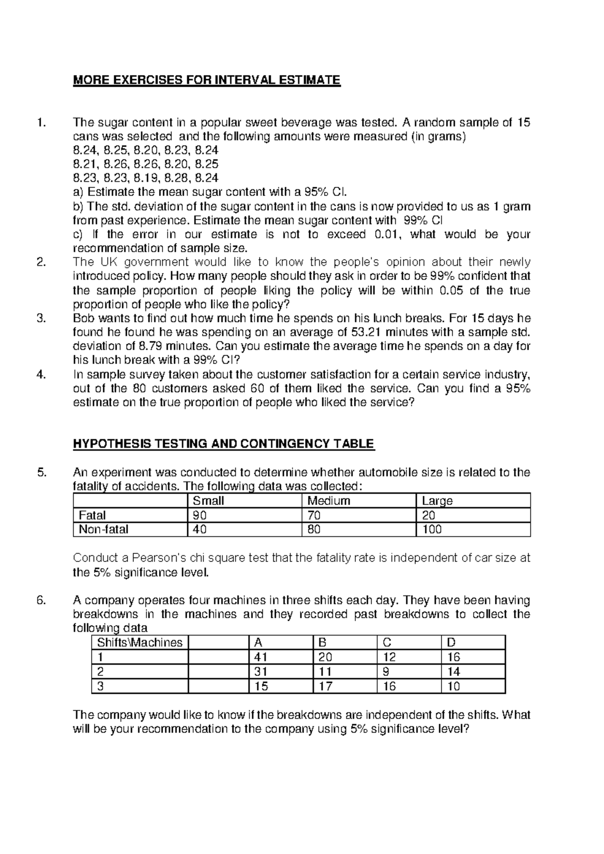 Inference Exercises for Interval Estimates and Hypothesis Testing - Studocu