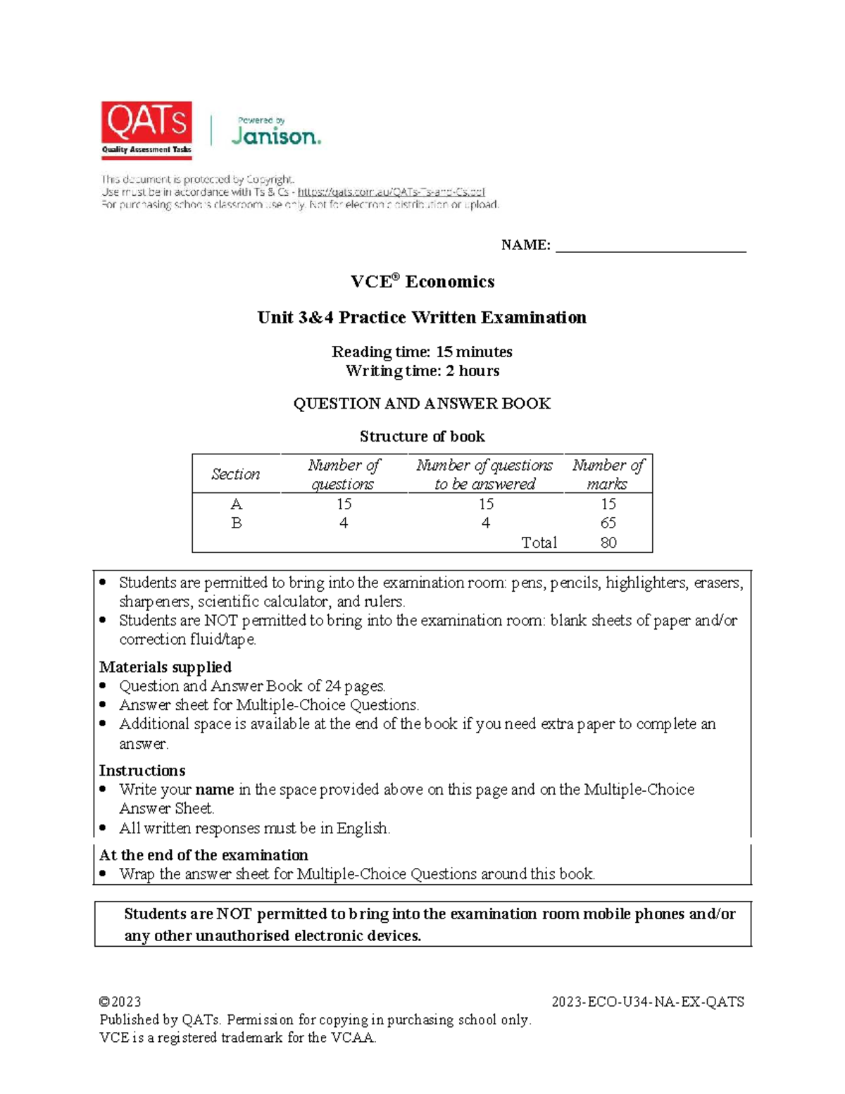 QATs VCE Economics Practice Written Examination Units 3 and 4 - Studocu