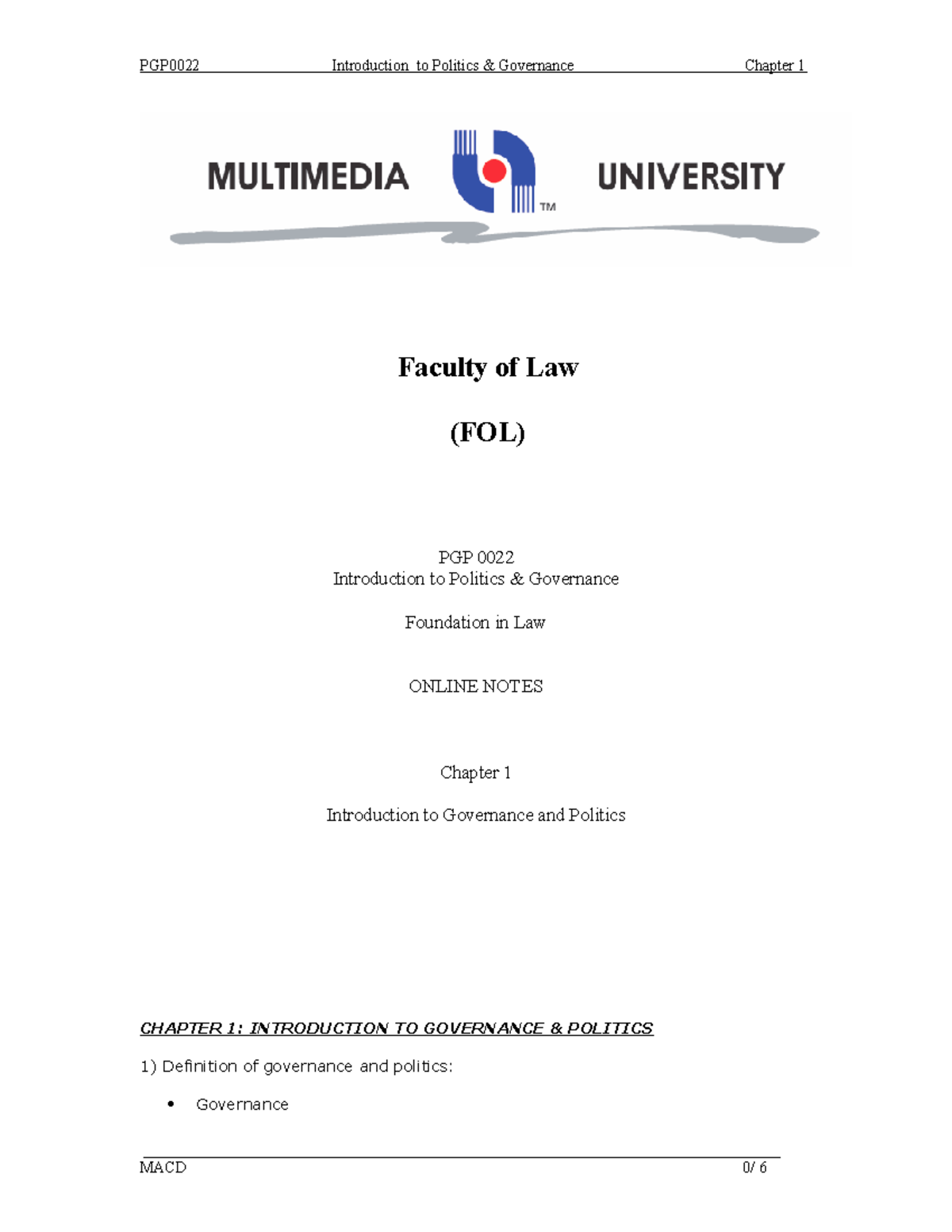 Chapter 1 - PGP 0022 Introduction to Politics & Governance Foundation ...