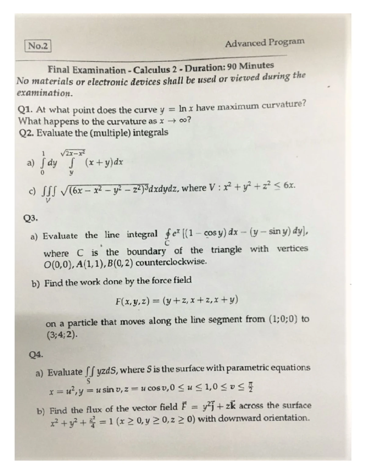 Advanced Program No.1 Final Exam - Calculus 2 (90 Min) - Studocu