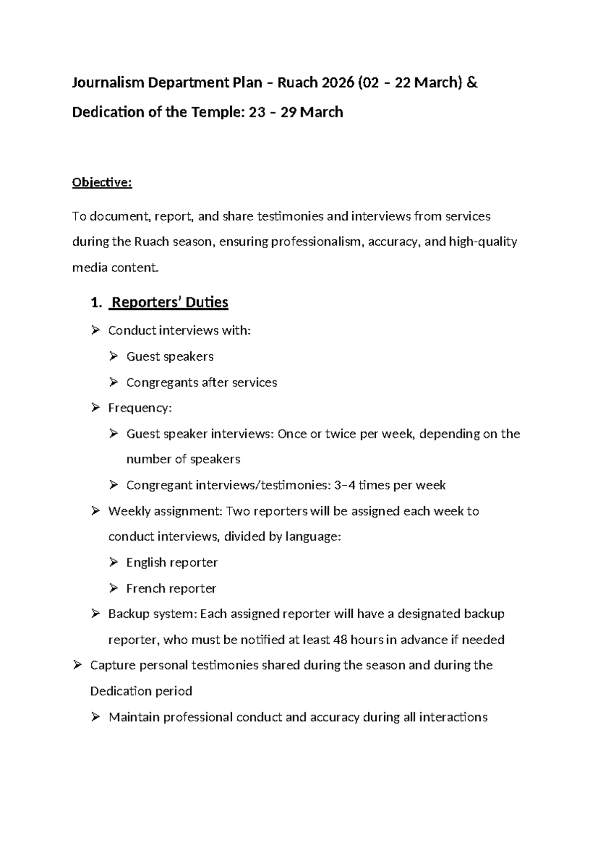 Journalism Dept Plan: Ruach 2026 Dedication Coverage Strategy - Studocu