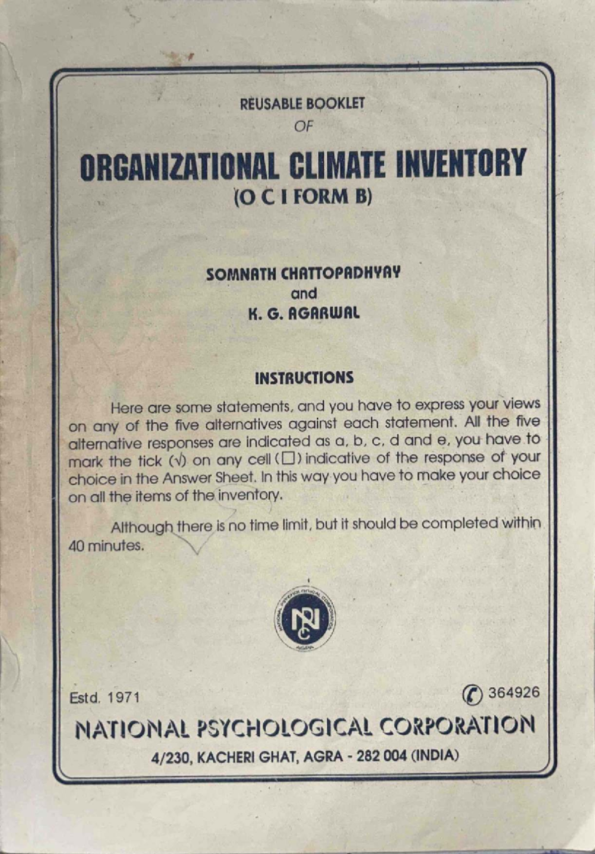 OCI Form B: Reusable Booklet for Organizational Climate Inventory - Studocu