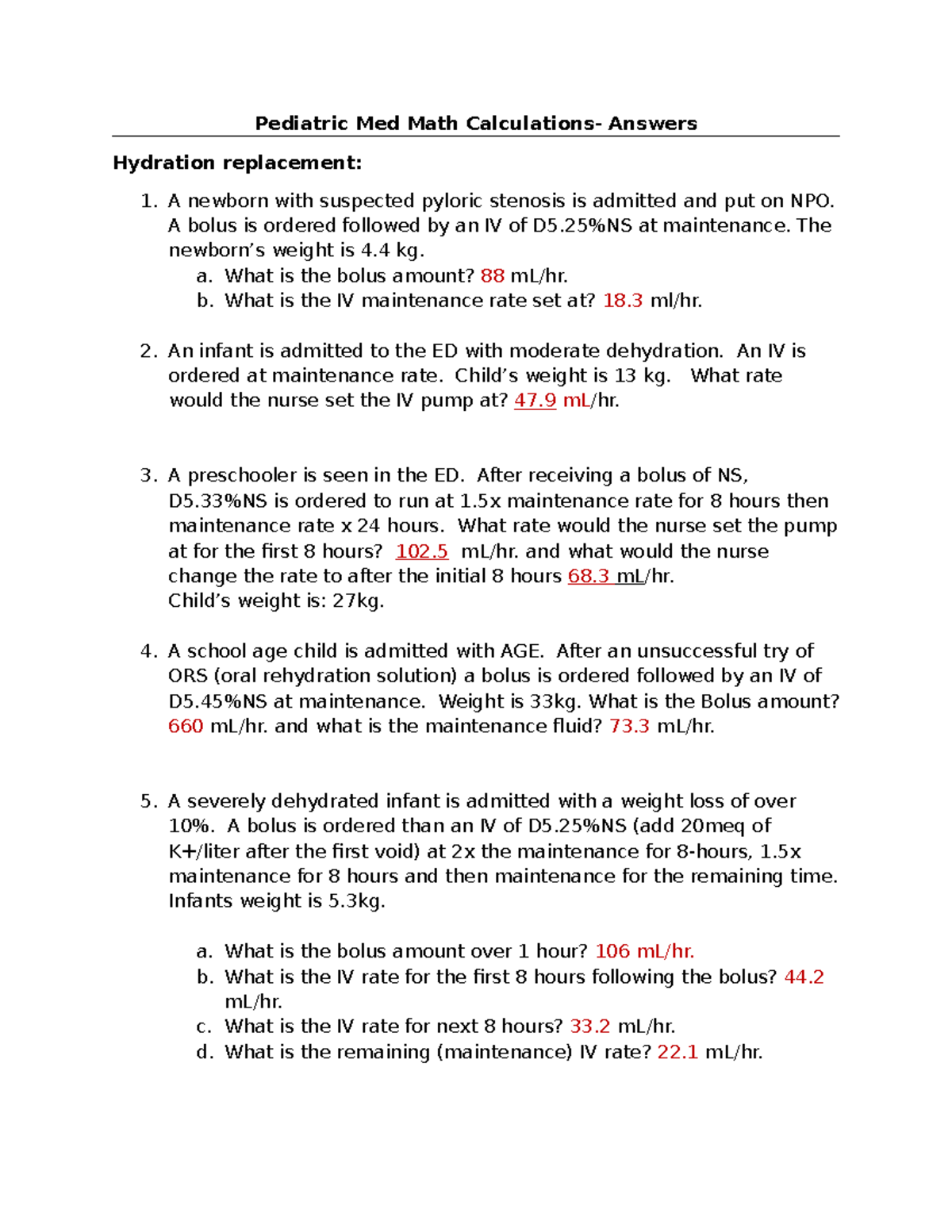 Pediatric Med Math Calculations- Answers - Pediatric Med Math ...