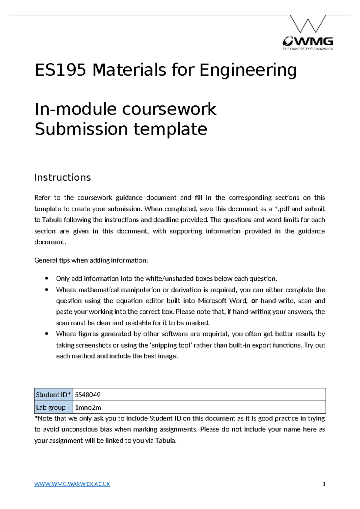 ES195 Materials for Engineering Coursework Submission Template - Studocu