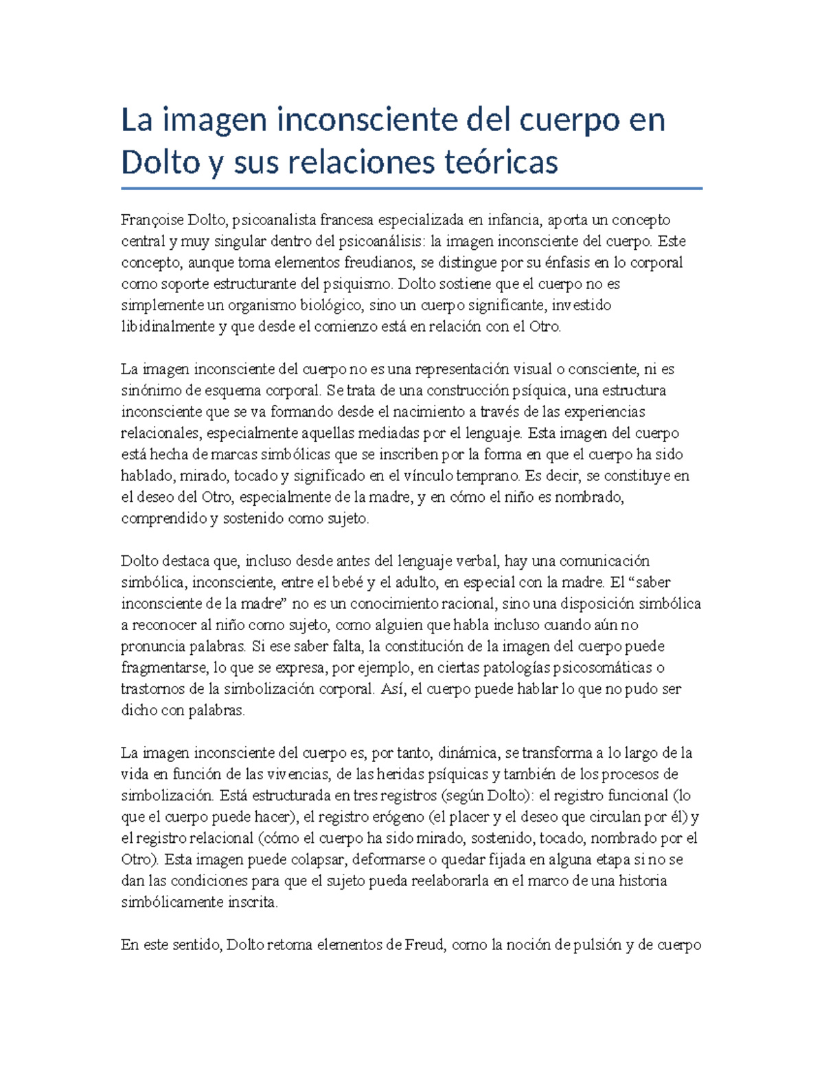 Imagen Inconsciente del Cuerpo en Dolto: Teoría y Práctica - Studocu