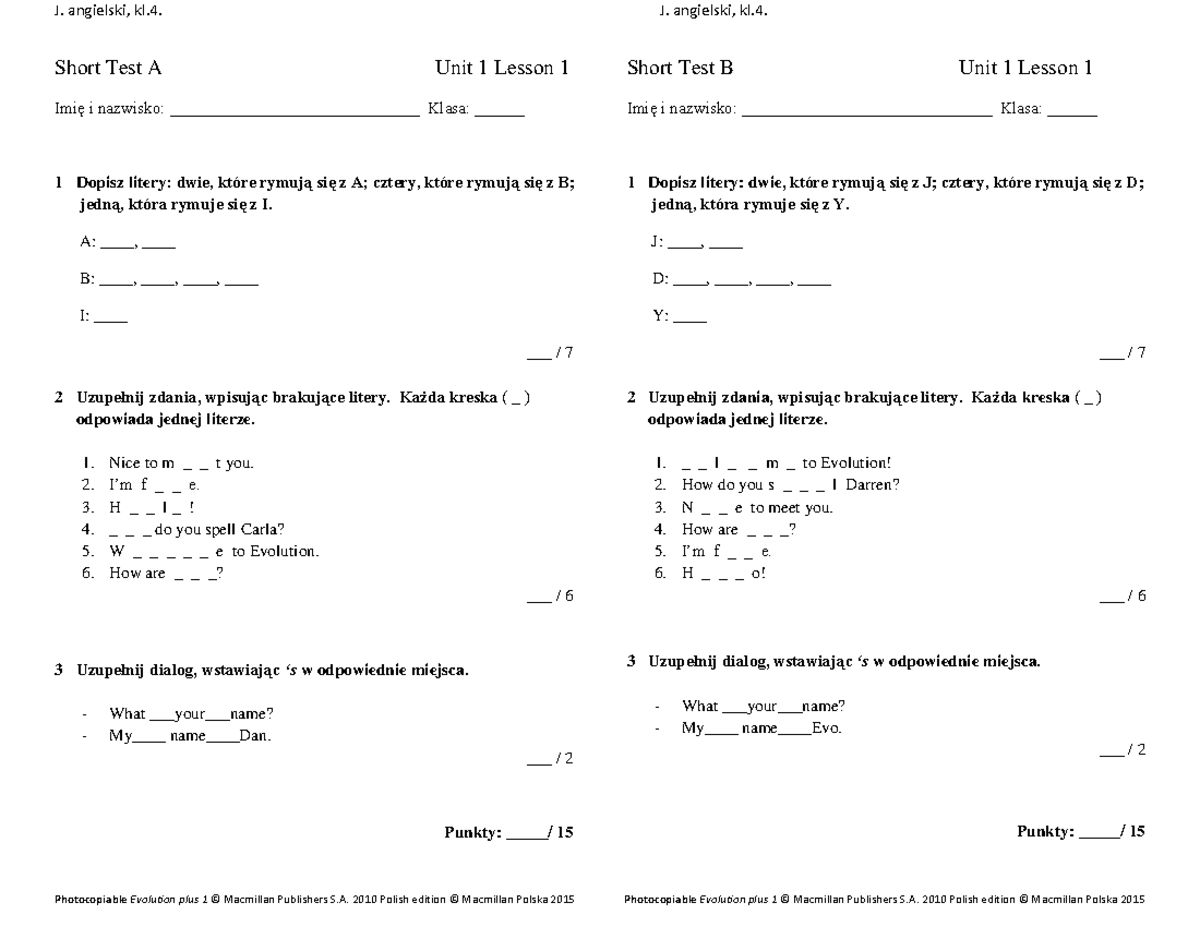 Sprawdzian J Angielski Kl 4 Unit 1 www.studocu.com