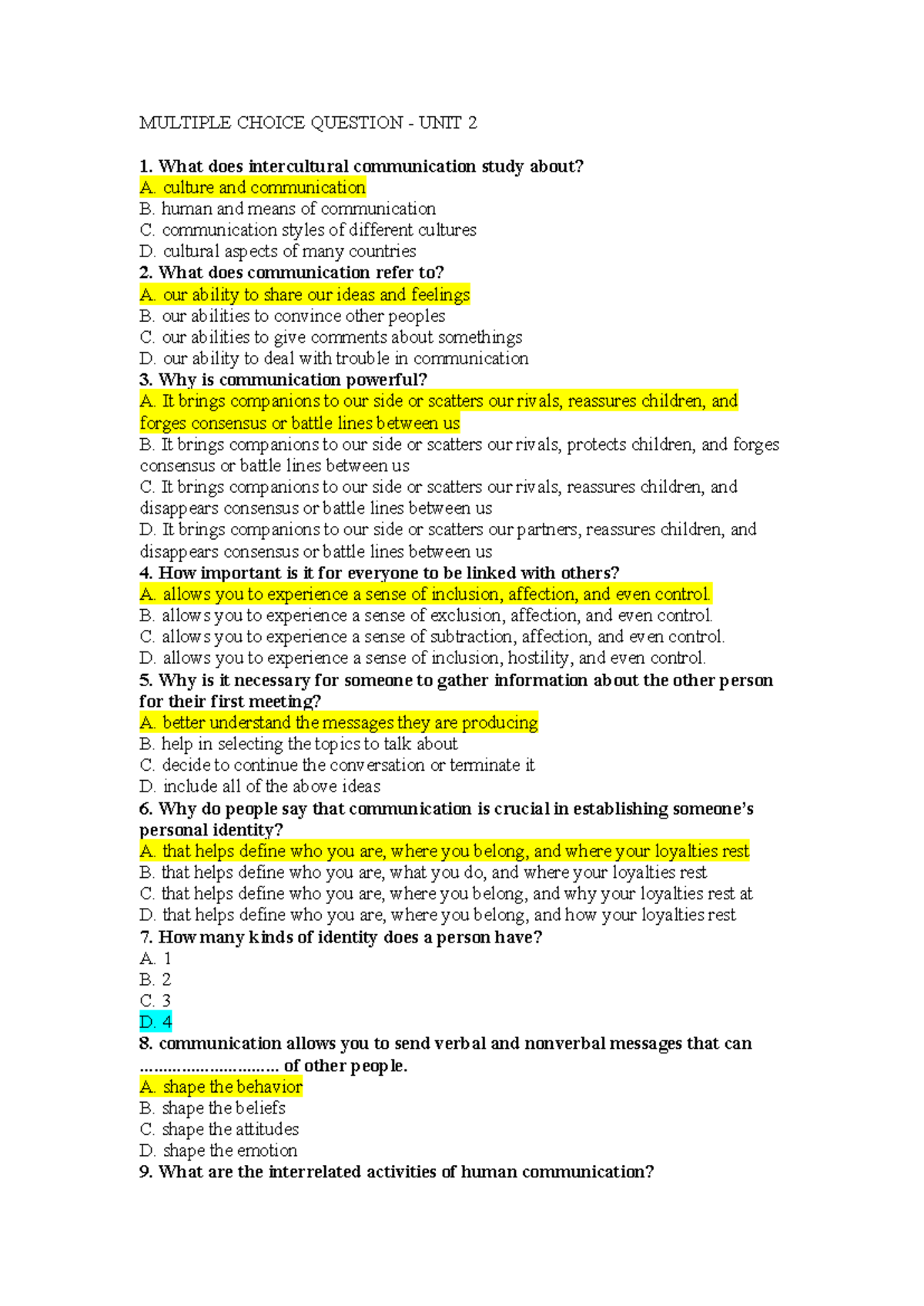 Multiple Choice Questions - Intercultural Communication (Unit 2) - Studocu