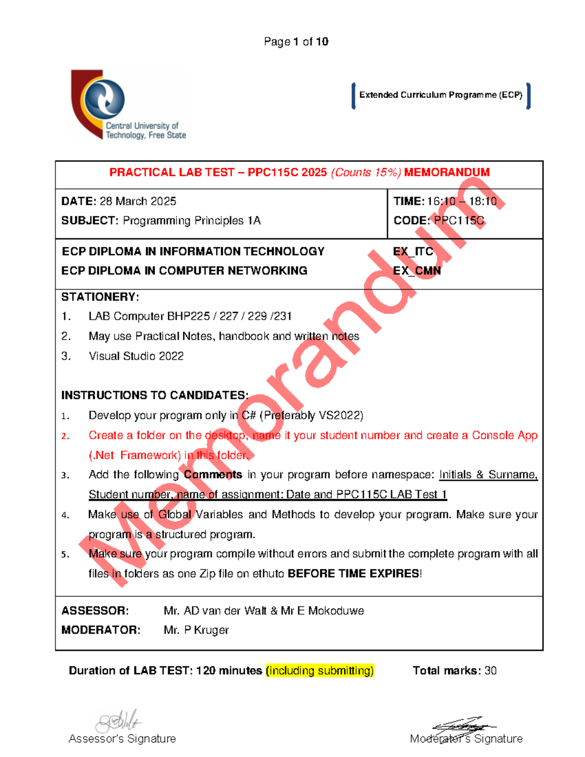 PPC115C Lab Test 2025: Sunday Buffet Booking System Memo - Studocu