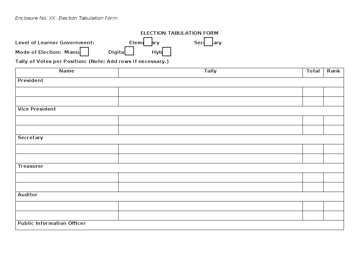 Enc - This is a document - Enclosure No. XX: Election Tabulation Form ...