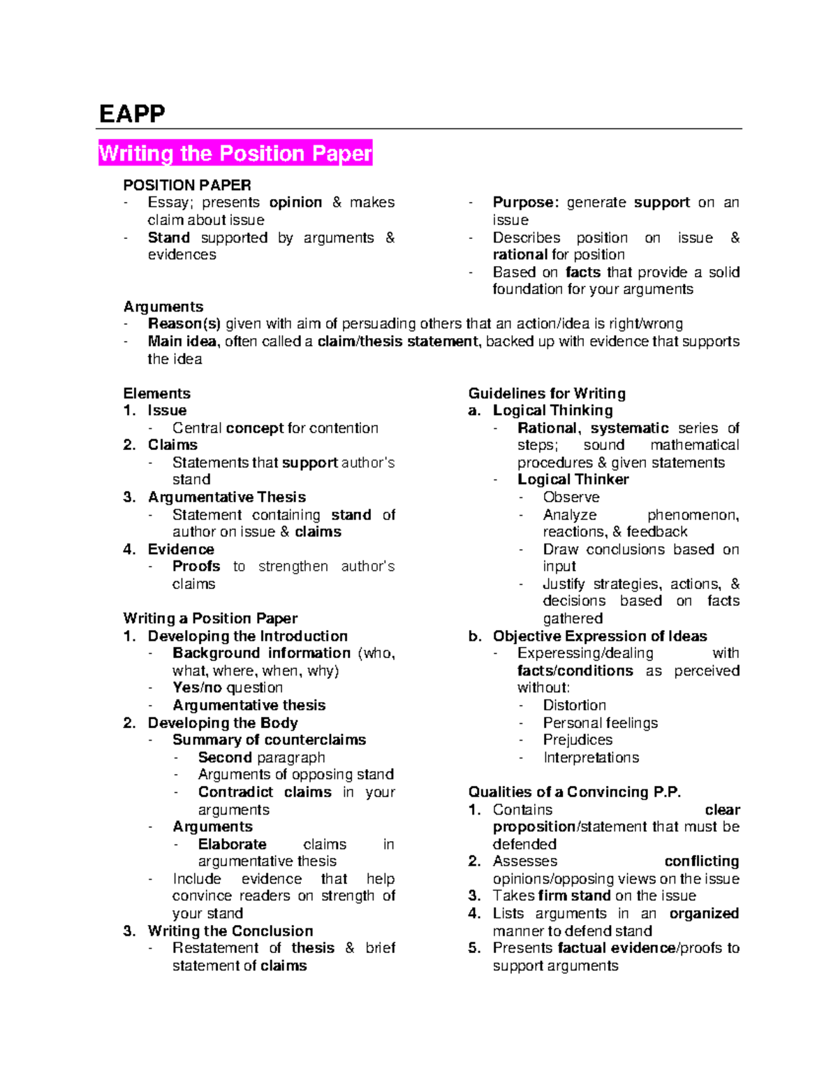 EAPP 11 Sem1 Final Position Paper Writing Guide - Studocu