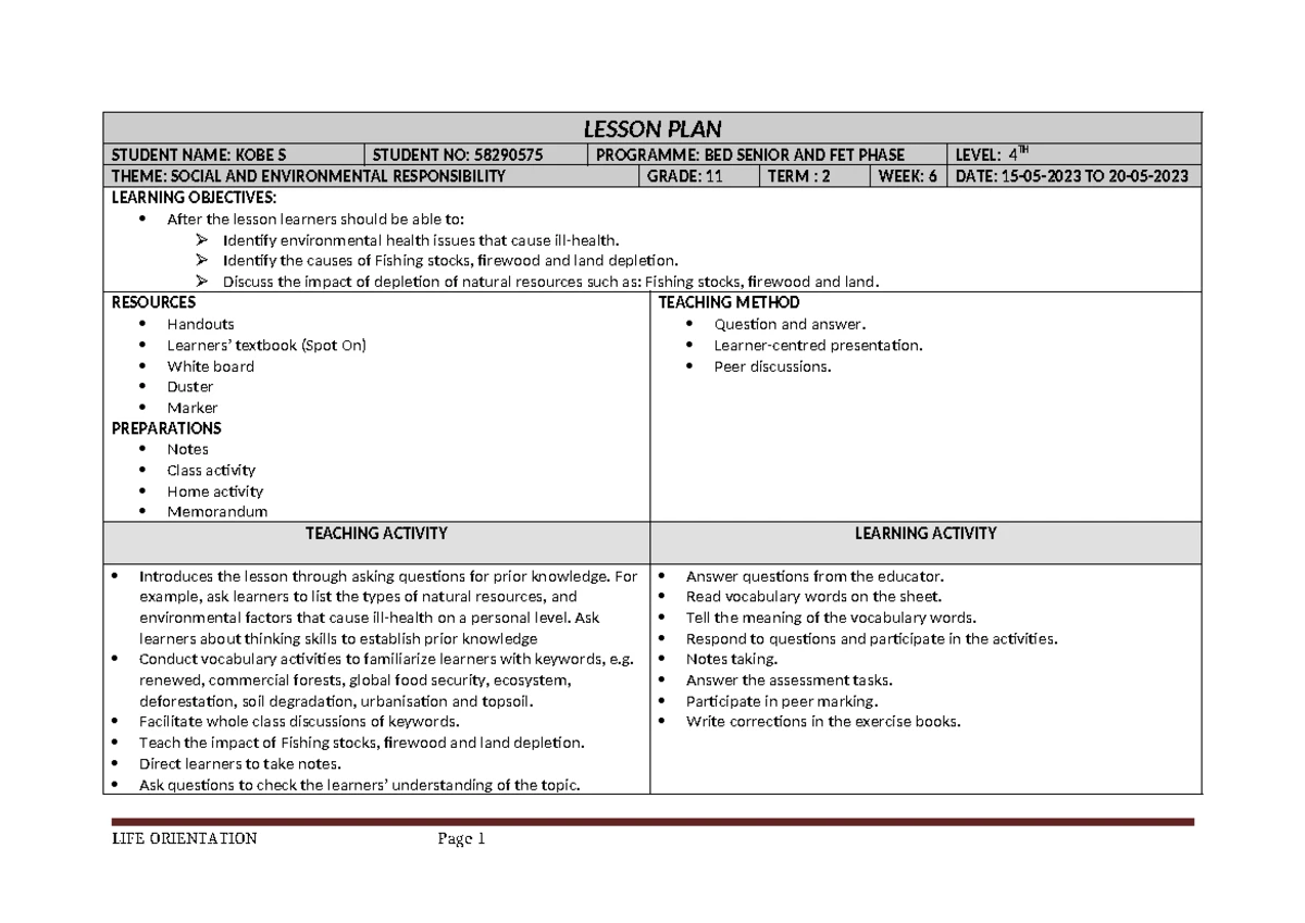 Lesson plan Template - Lesson plan Template Grade Subject Week Hours ...