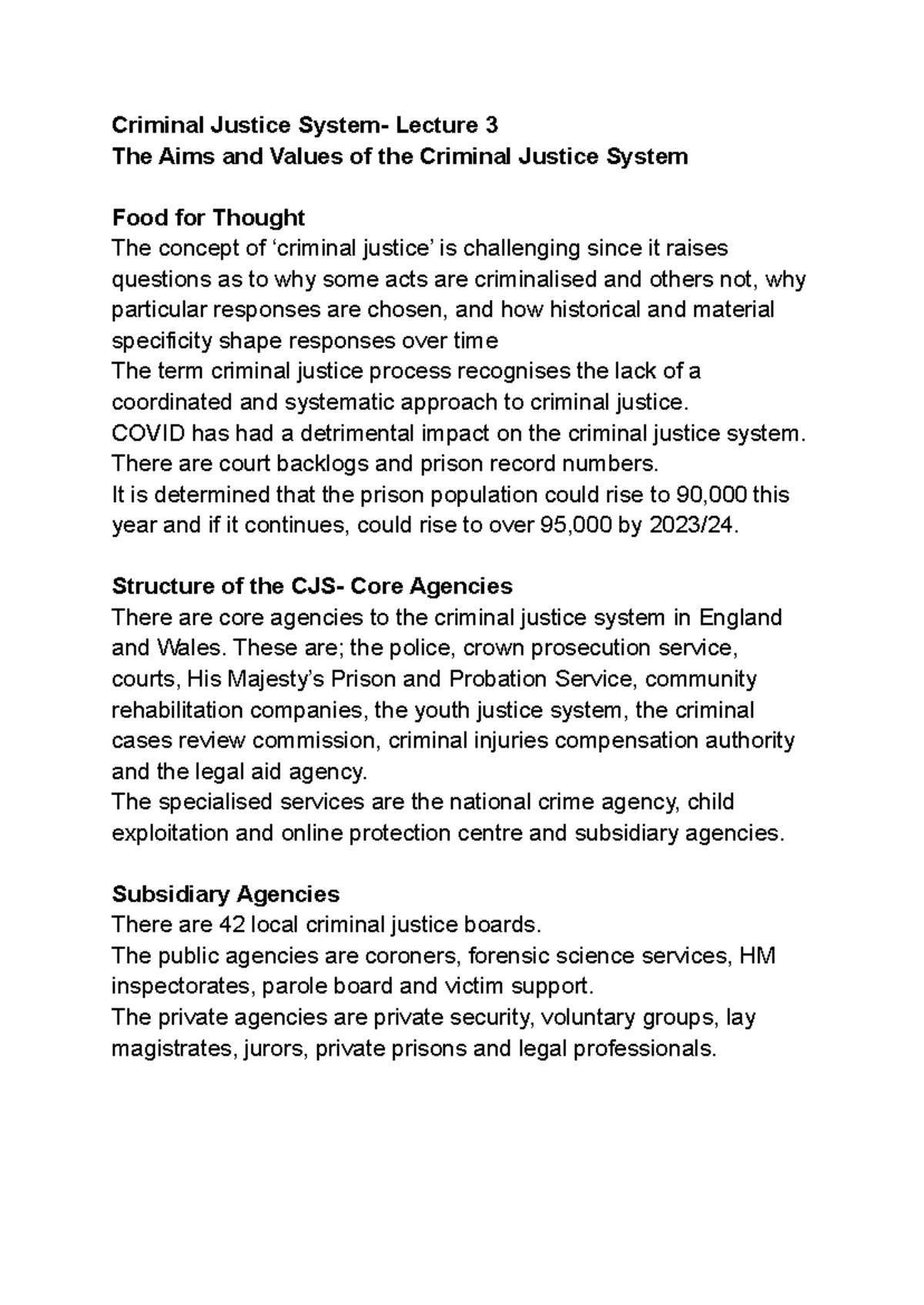 CJS Aims and Values - Lecture Notes - Criminal Justice System- Lecture ...
