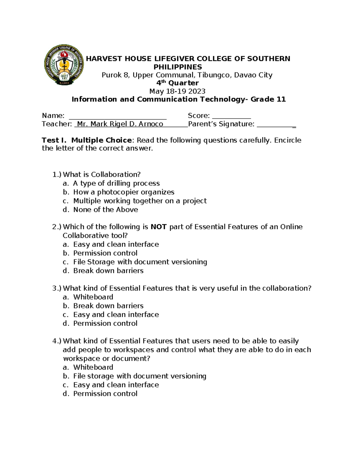 ICT 11 - 2nd Quarter Exam Review: Information & Communication Concepts ...