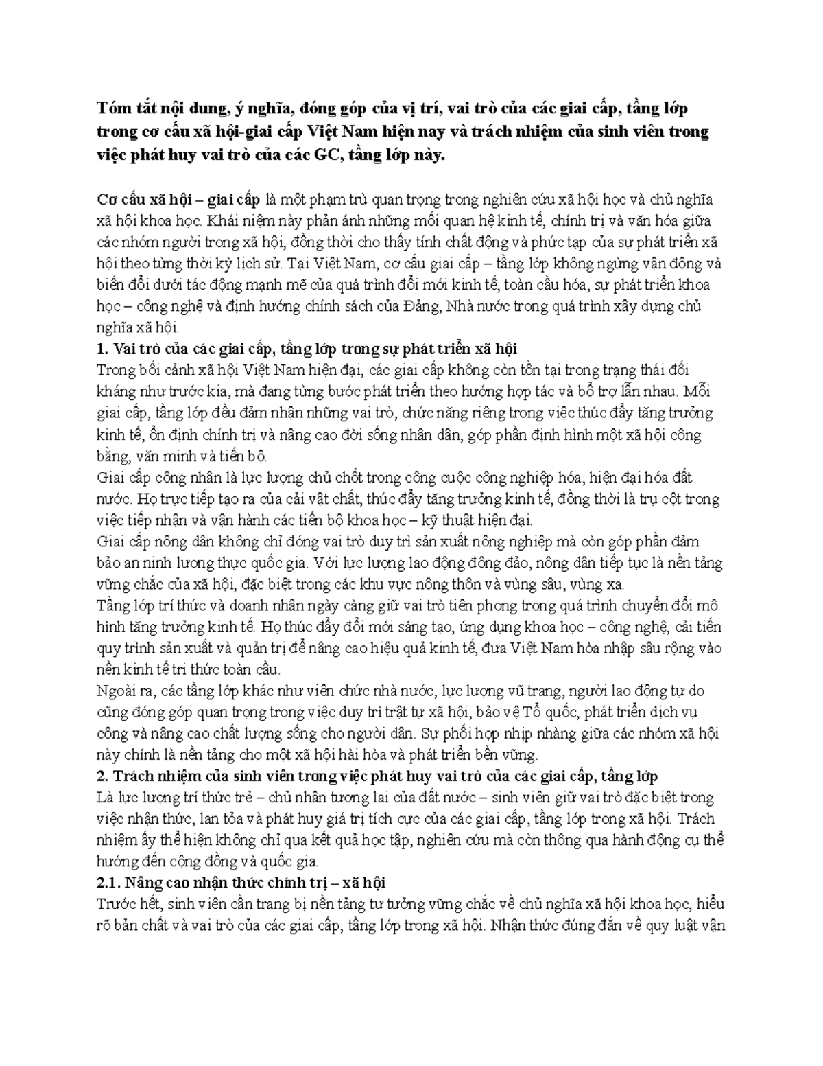 Tóm tắt vai trò các giai cấp trong xã hội Việt Nam hiện nay và trách