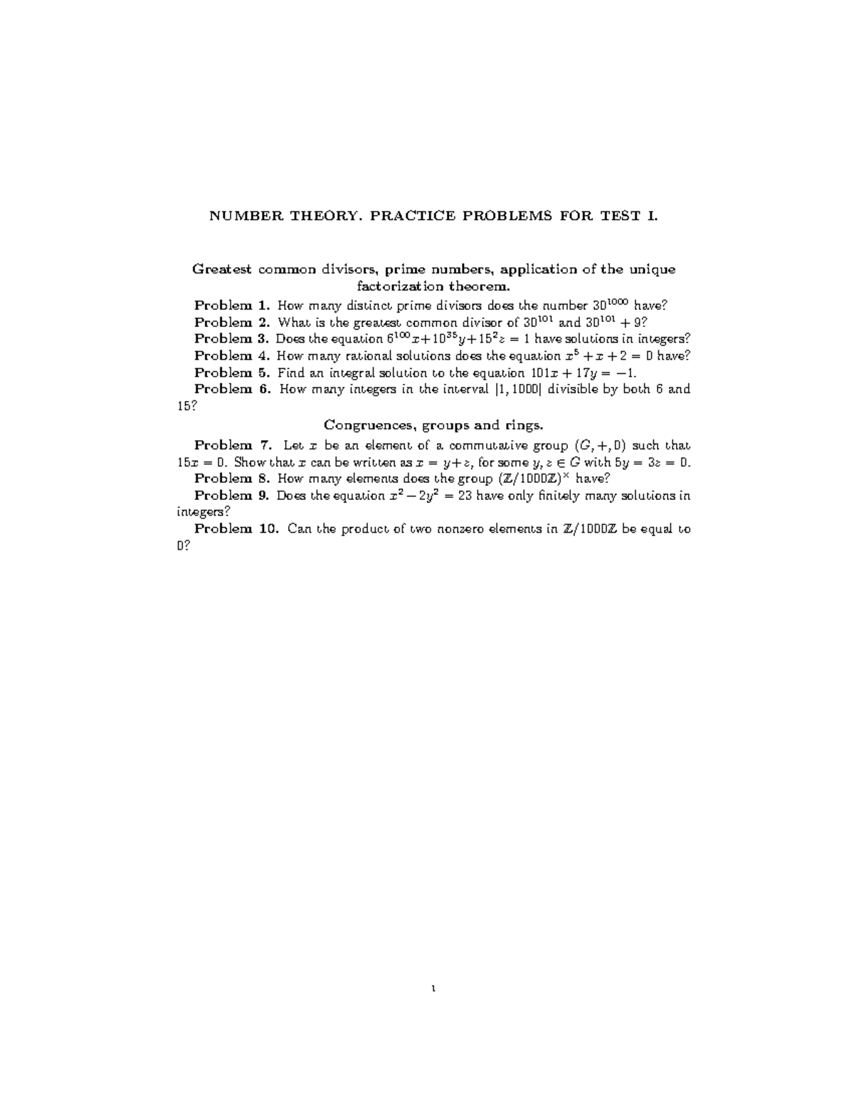 Number Theory (MATH101): Practice Problems for Test I - Studocu