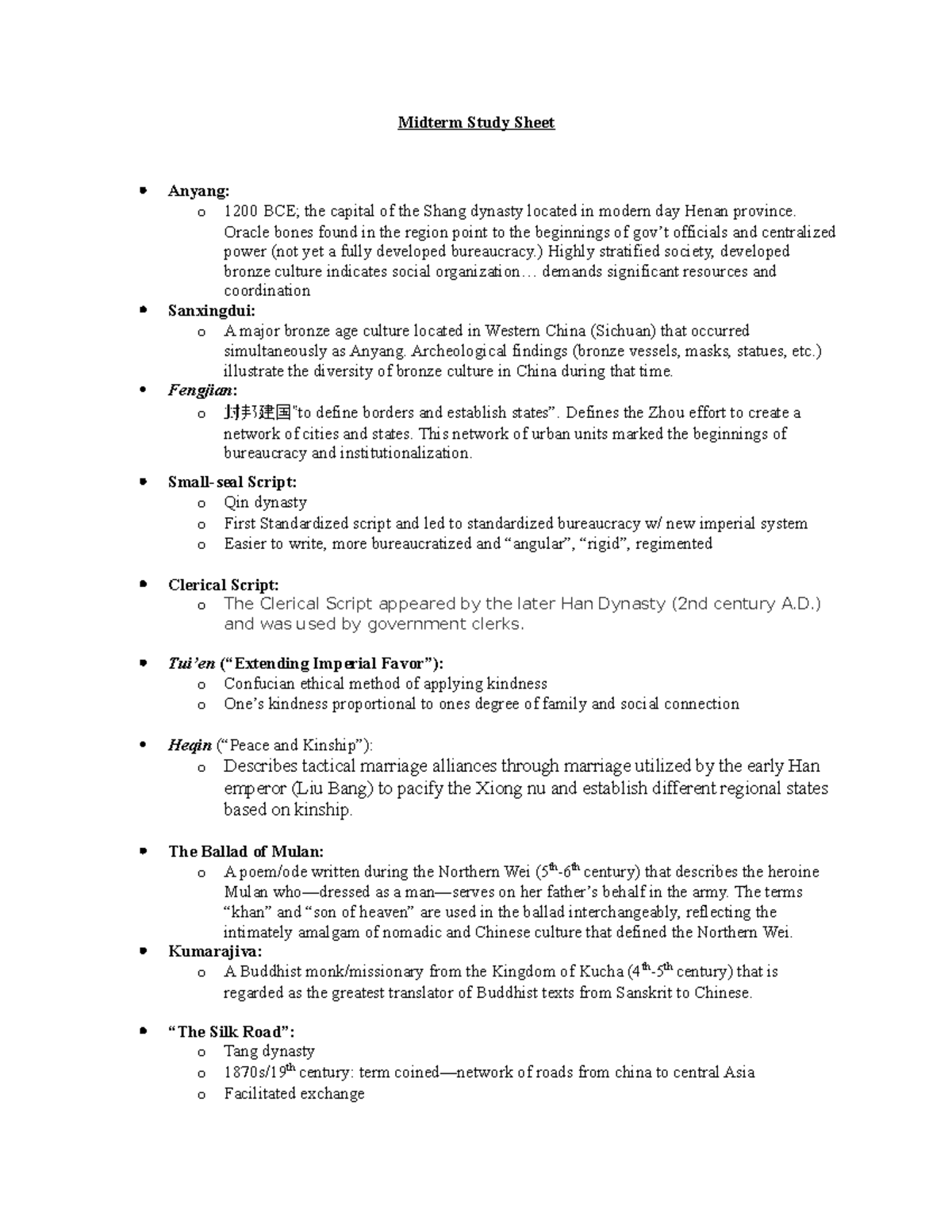 Midterm Study Sheet for History 101 - Professor Ulug Kuzuoglu - Studocu