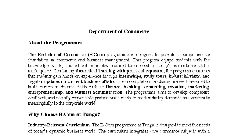 B.Com Programme Overview at Tunga: Curriculum, Benefits & Careers - Studocu