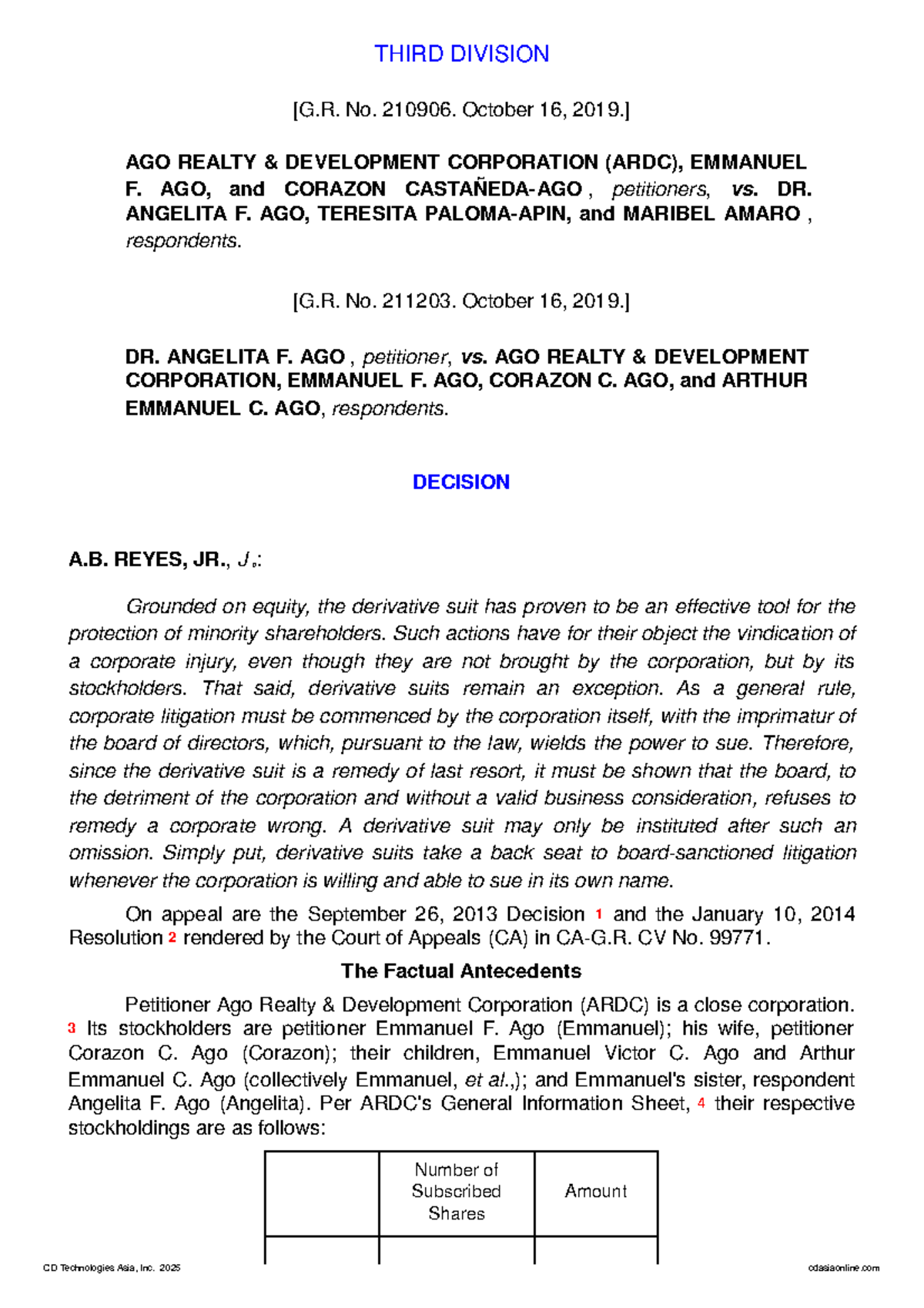 G.R. No. 210906 & 211203: Derivative Suit in Corporate Law - Studocu