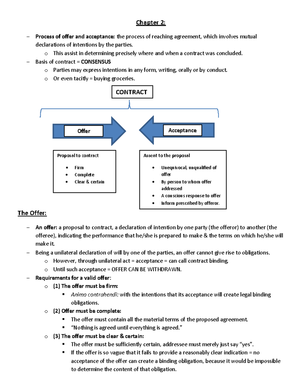 Contract Law Lecture Notes: Chapter 2 - Offer and Acceptance - Studocu