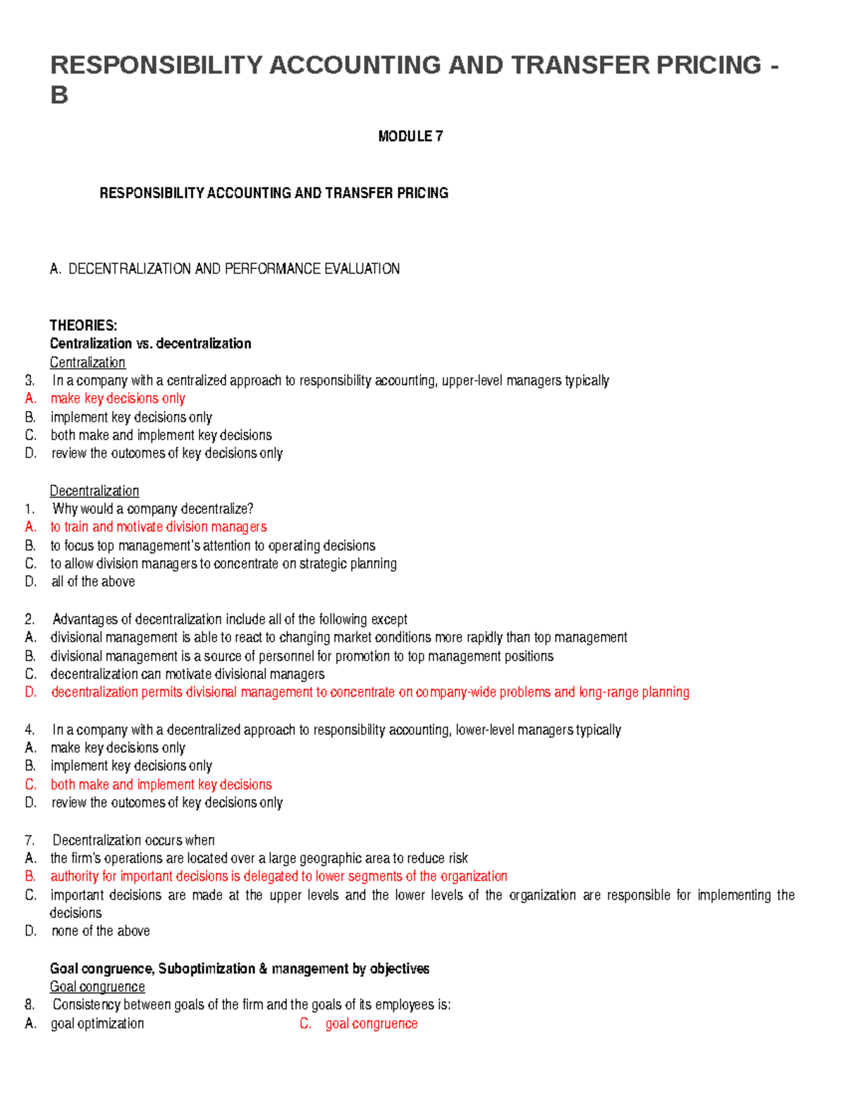 B MODULE 7: Responsibility Accounting & Transfer Pricing Overview - Studocu