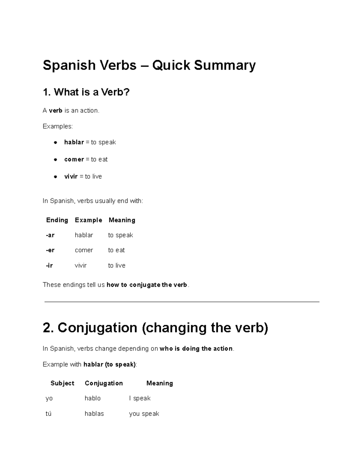 Spanish Verbs: Quick Summary of Conjugation & Patterns - Studocu