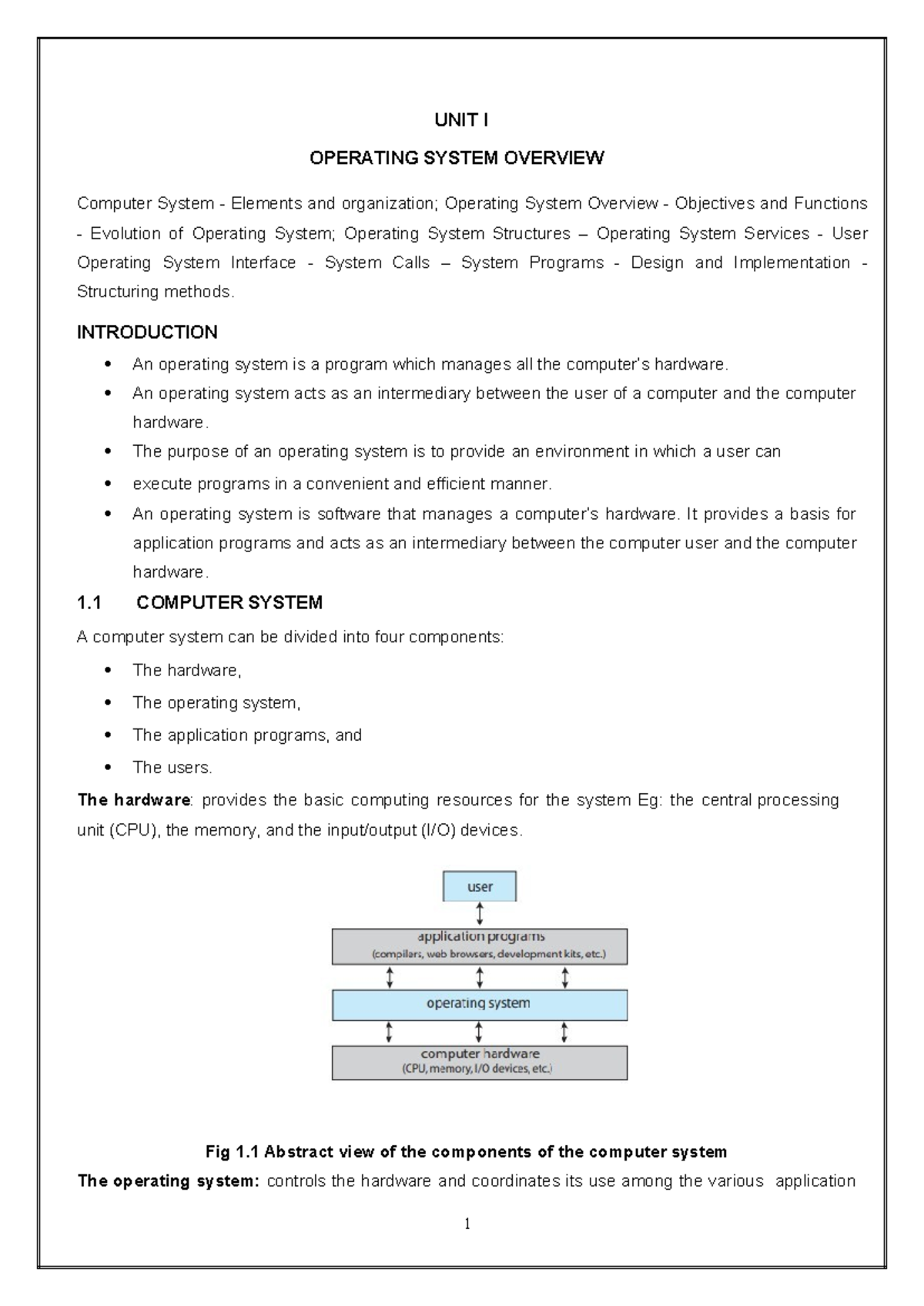 OS UNIT I - Overview of Operating Systems and Their Functions - Studocu