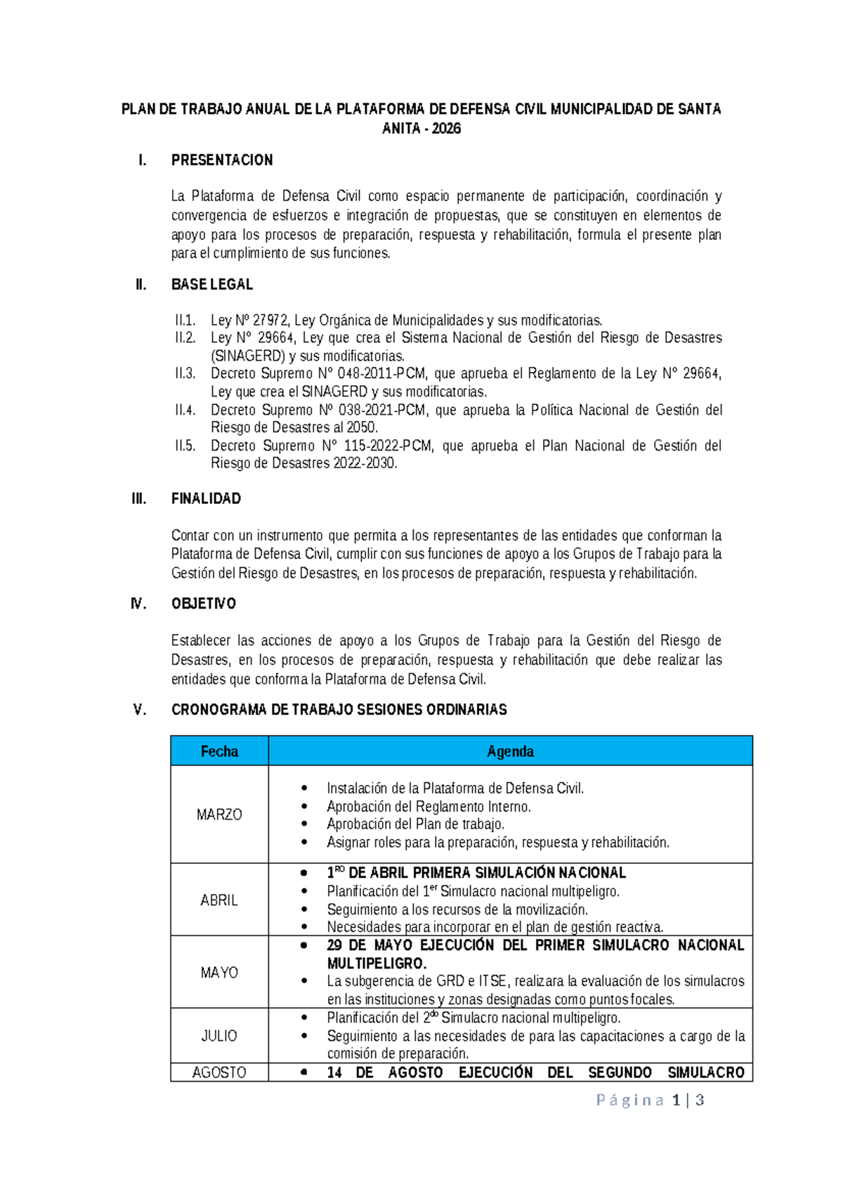 PLAN DE TRABAJO ANUAL 2026 - PLATAFORMA DEFENSA CIVIL SANTA ANITA - Document Preview