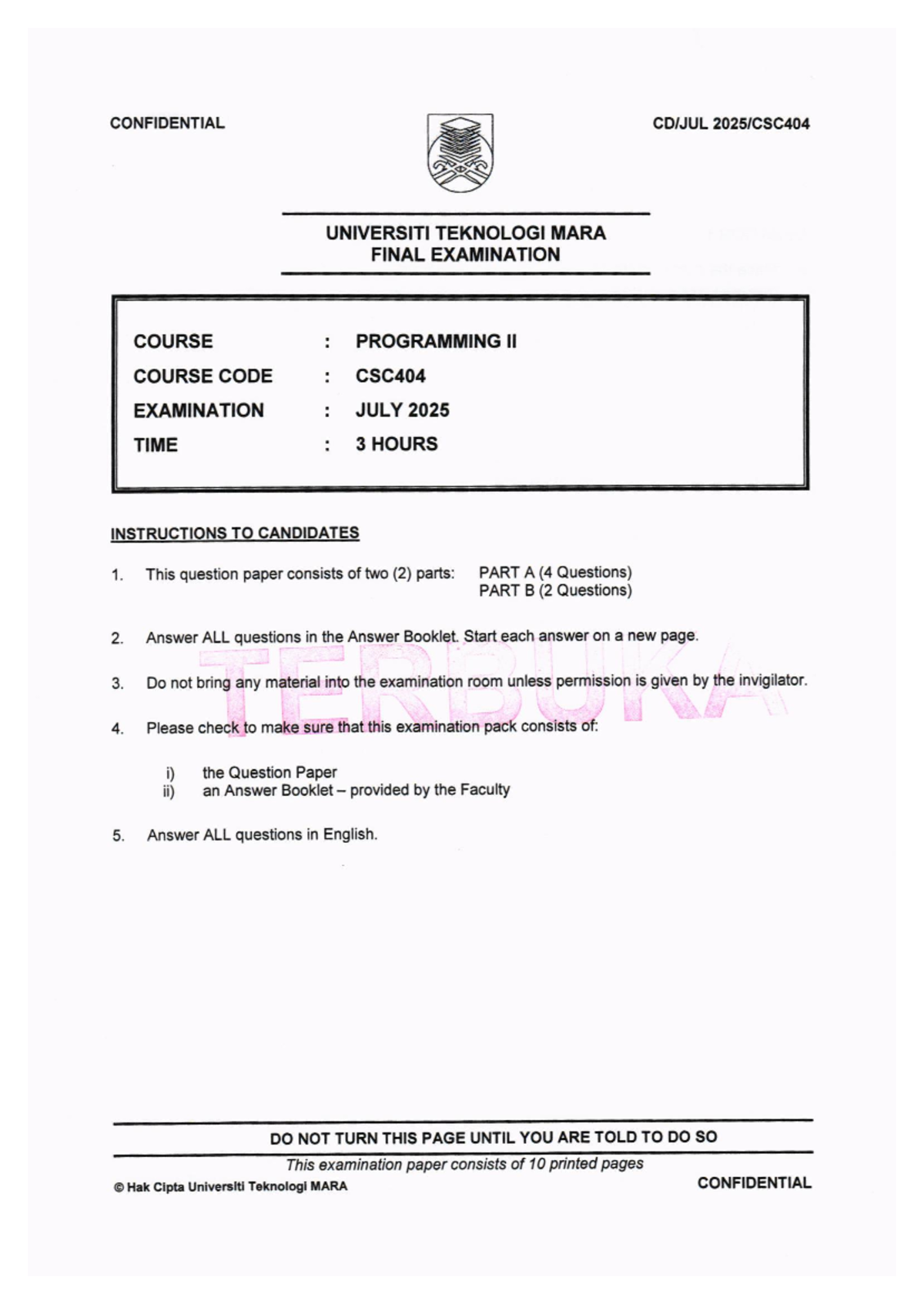 CSC404 Final Exam Paper - Programming II July 2025 - Studocu