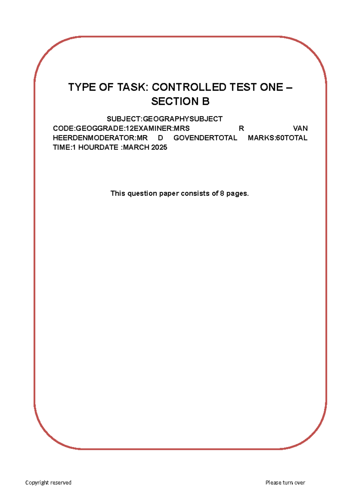 Grade 12 GEOG Test 1: Geomorphology Controlled Test Paper - Studocu
